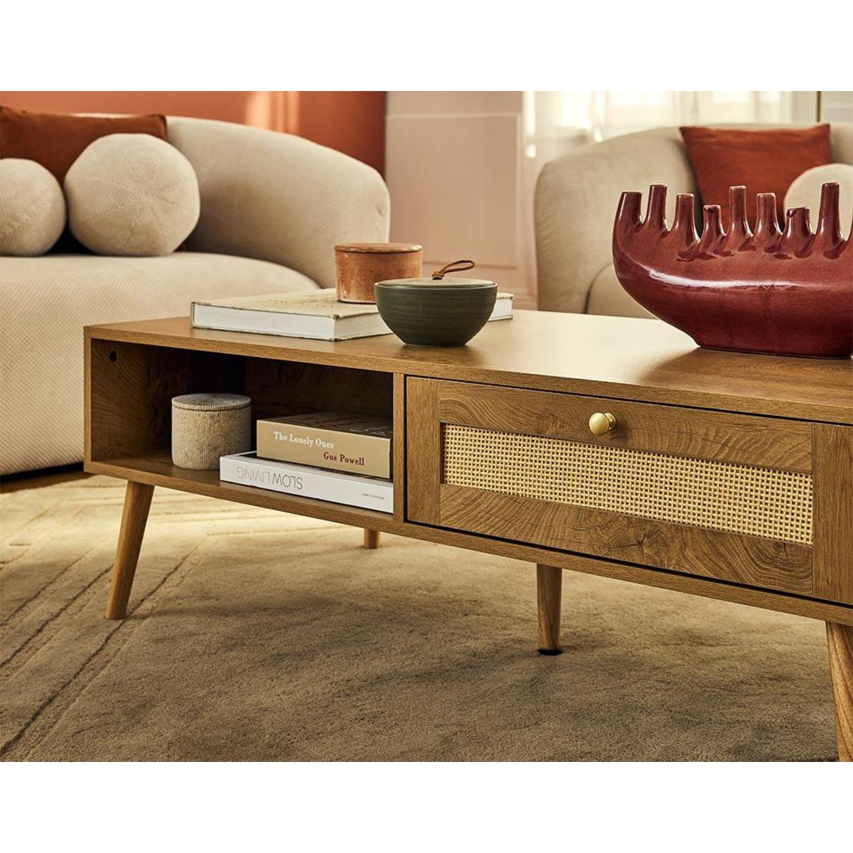 BEST MOBILIER Goto - table basse - effet bois et cannage - 1 tiroir et 1 niche - 110 cm