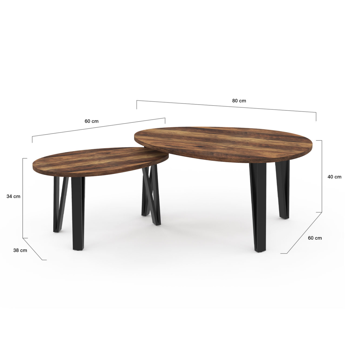 ID MARKET Lot de 2 tables basses gigognes AUSTRIA bois pied épingle noir