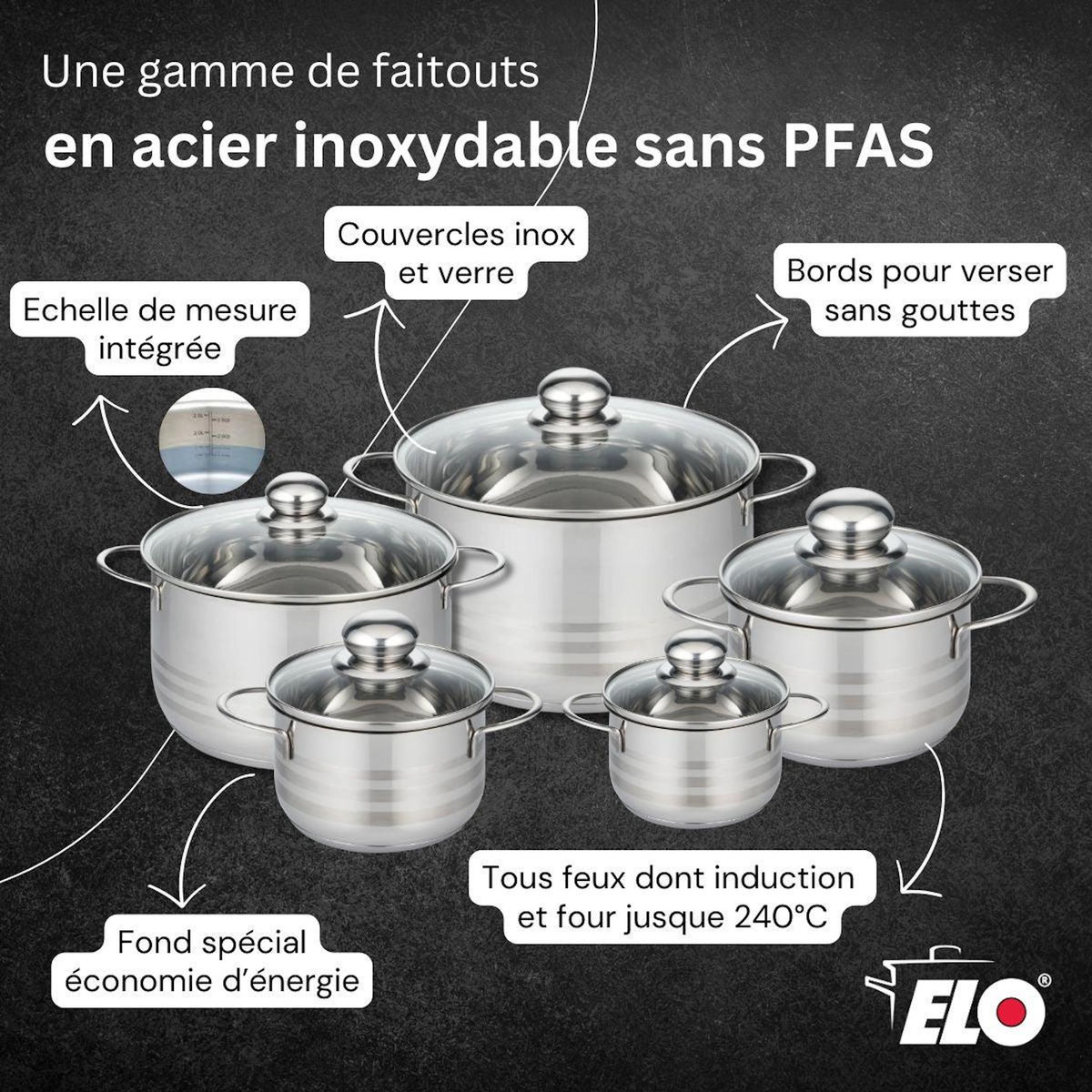 ELO Lot de 2 Poêles 24/32cm & 3 Faitouts 14/20/24cm Elo Relief Solution