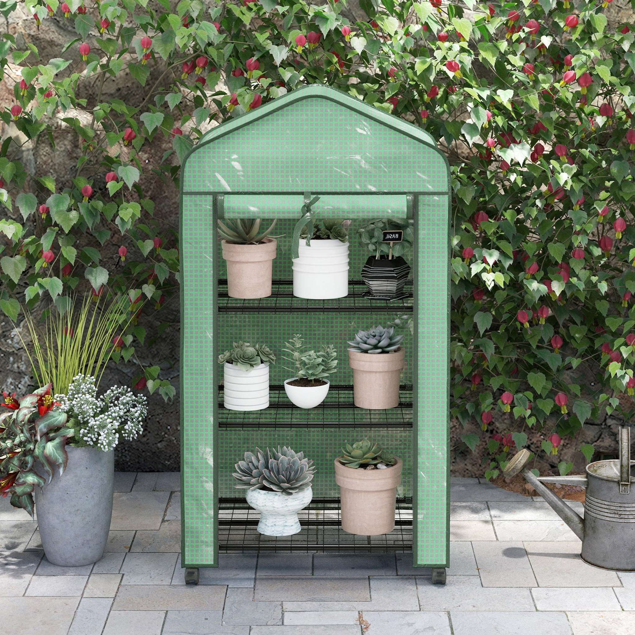 Voir la diapositive 5 : OUTSUNNY Mini serre de jardin 3 étagères porte enroulable 4 roulettes PE