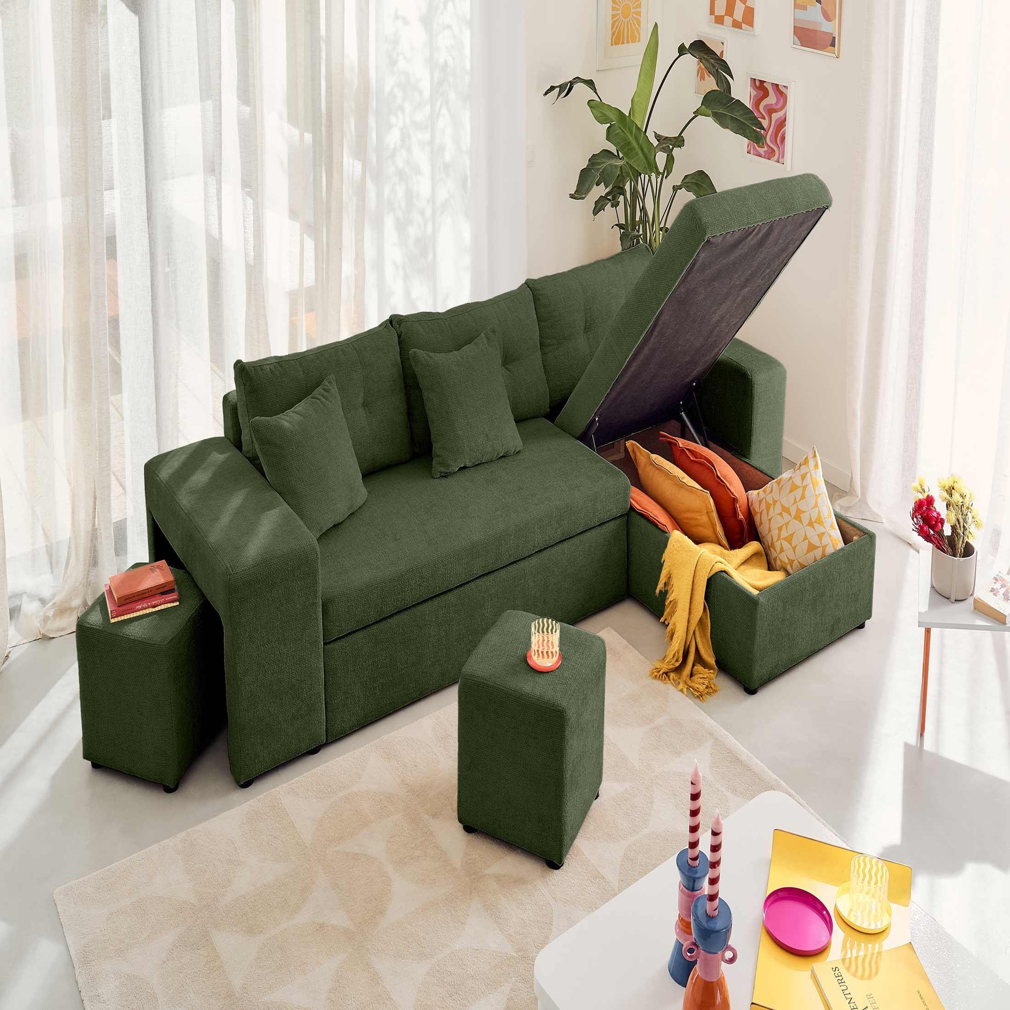 Voir la diapositive 3 : BEST MOBILIER California - canapé d'angle réversible 4 places - convertible avec coffre, étagère et poufs - en velours texturé