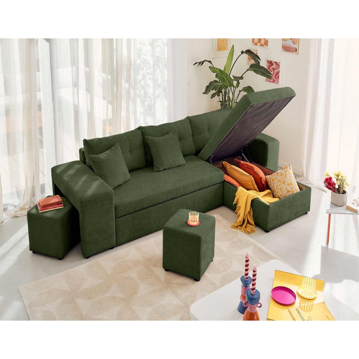 BEST MOBILIER California - canapé d'angle réversible 4 places - convertible avec coffre, étagère et poufs - en velours texturé