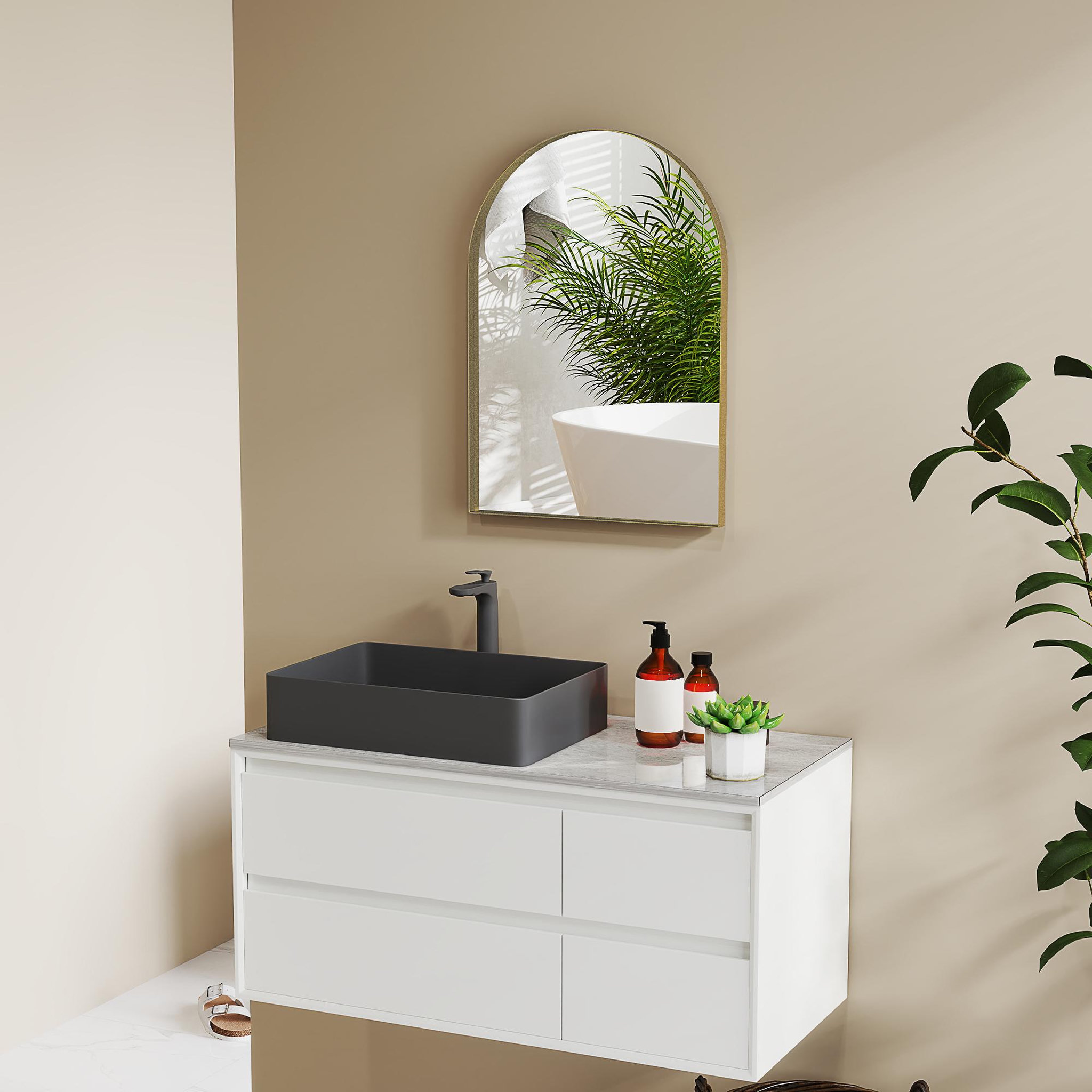 Voir la diapositive 2 : HOMCOM Miroir mural arqué 50 x 70 cm haute définition cadre alliage aluminium doré