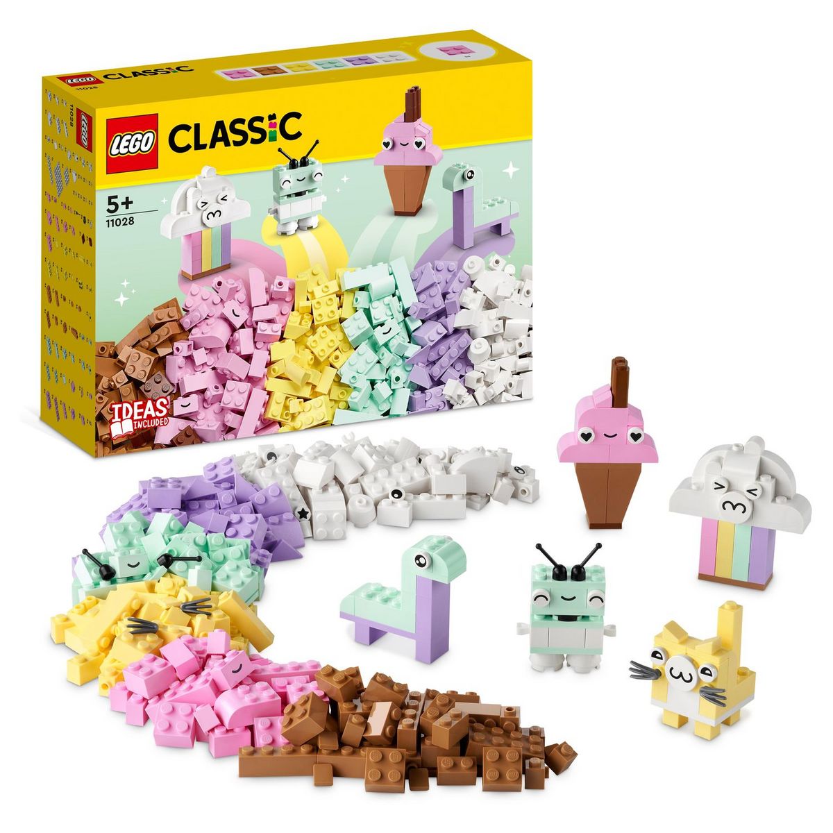 LEGO Classic 11028 - L&rsquo;amusement créatif pastel,  Jouets Briques pour Filles et Garçons Dès 5 Ans : Crème Glacée, Dinosaure, Chat et Plus