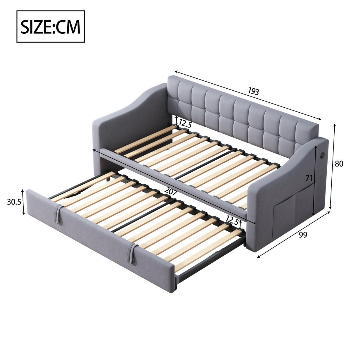 MERAX Lit banquette gigogne rembourré 90x200cm velours coloris gris