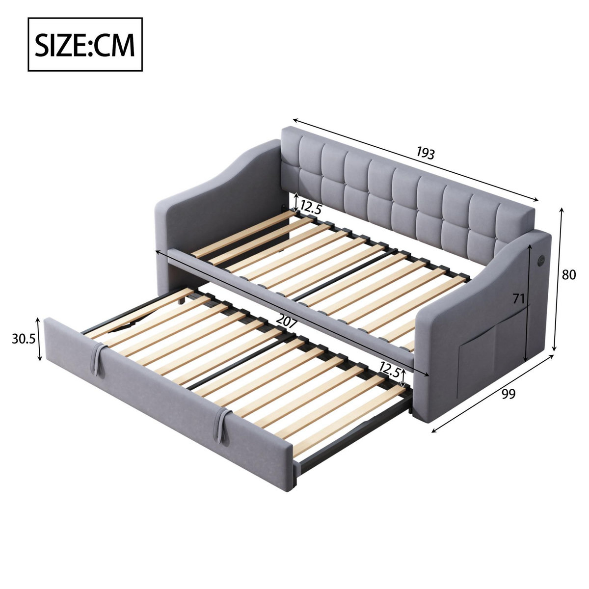 MERAX Lit banquette gigogne rembourré 90x200cm velours coloris gris