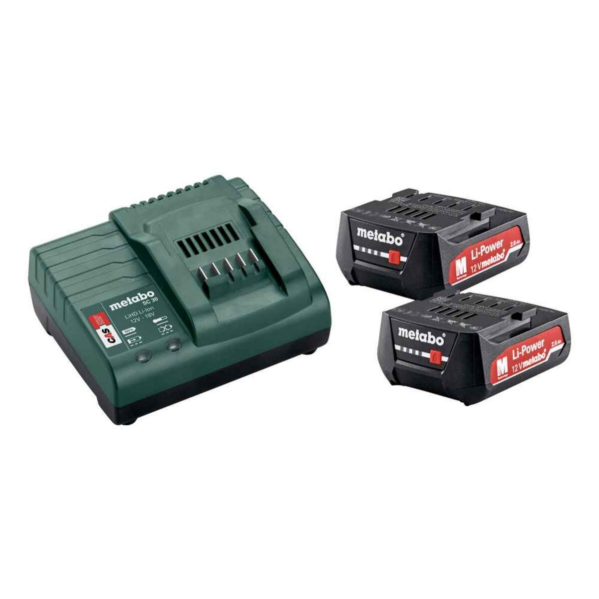 METABO SAS Pack énergie 12 V Pack 2 Batteries 12 Volts + chargeur - 2 x 2,0 Ah Li-Power, SC 30