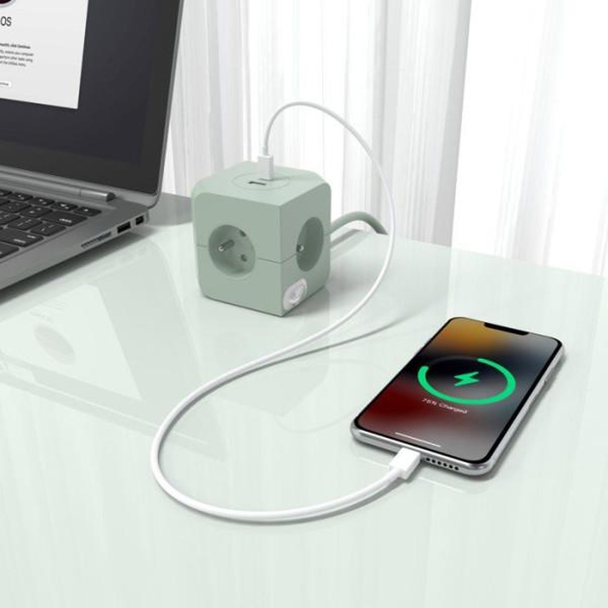 Voir la diapositive 3 : LINK2HOME Cube multiprise avec double port usb - link2home - 4 prises secteur 16a - 2 ports usb - 3680 w max - vert