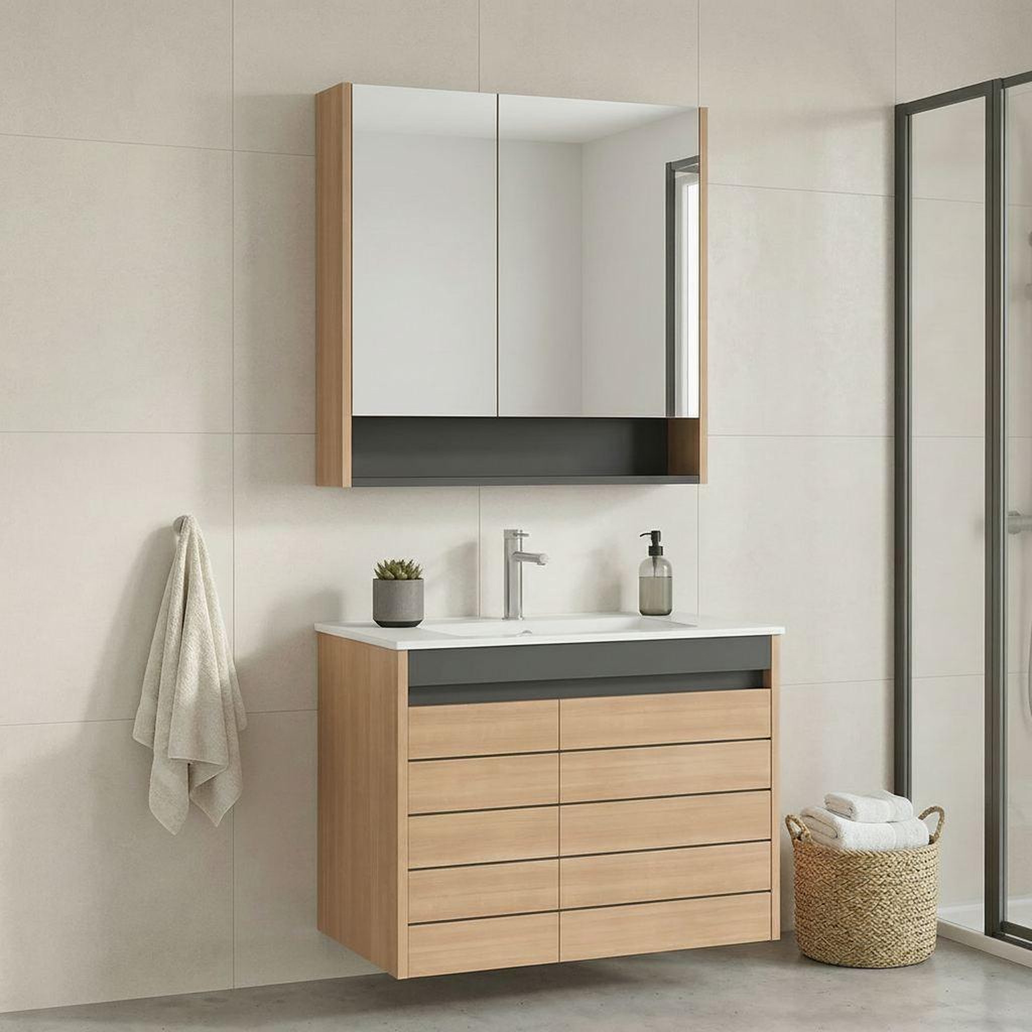 Voir la diapositive 2 : Habitat et Jardin Meuble avec simple vasque et miroir  ricato 80  - 81 x 47 x 62 cm - oak