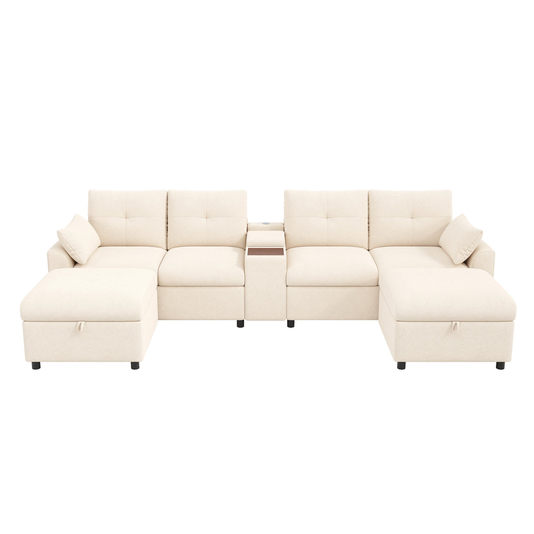 MERAX Canapé d'angle modulable 6 places u/l avec 2 poufs rangement usb type-c chenille. Coloris disponibles : Gris, Beige