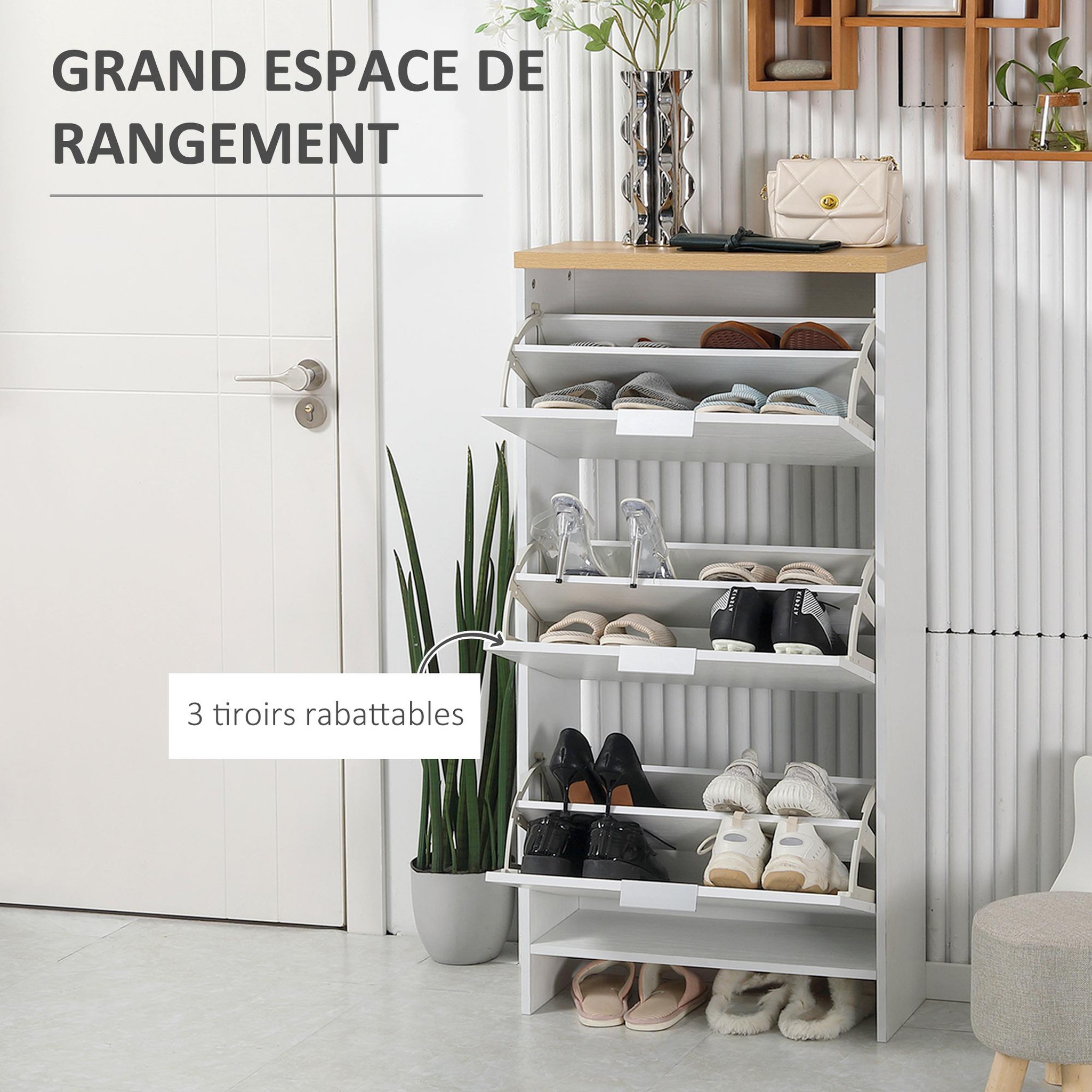 Voir la diapositive 4 : HOMCOM Meuble à chaussures 3 portes abattantes 2 compartiments MDF blanc chêne clair