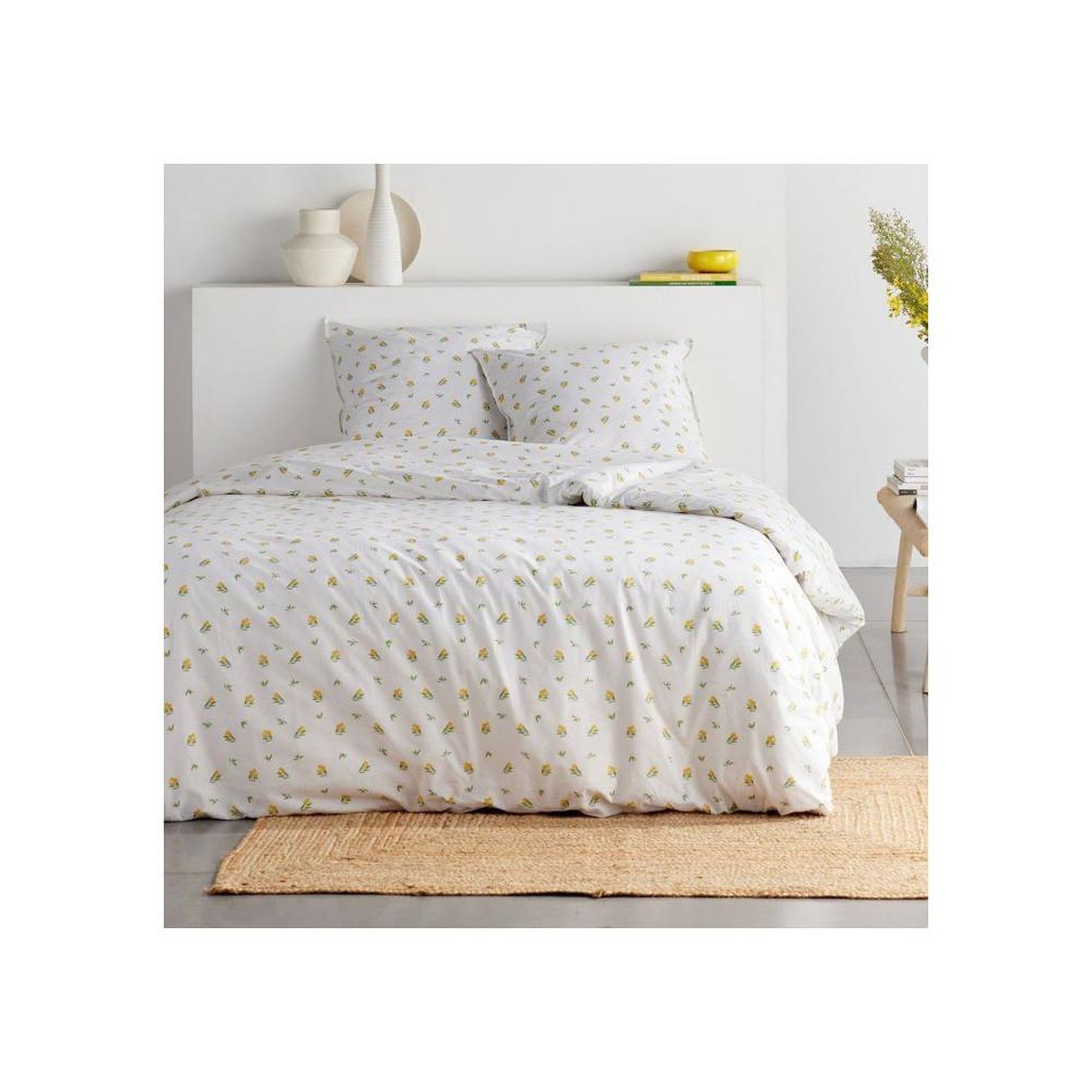 Today Parure de lit today sunshine imprimé floral citron blanc, coton 100% : housse de couette 260x240 cm et 2 taies 63x63 cm
