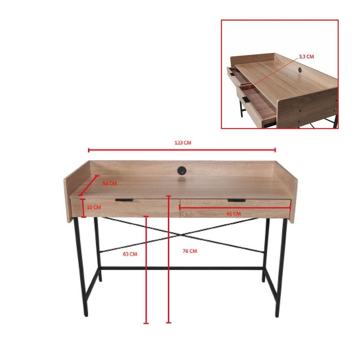 Bureau droit 2 tiroirs L123cm PLYMOUTH