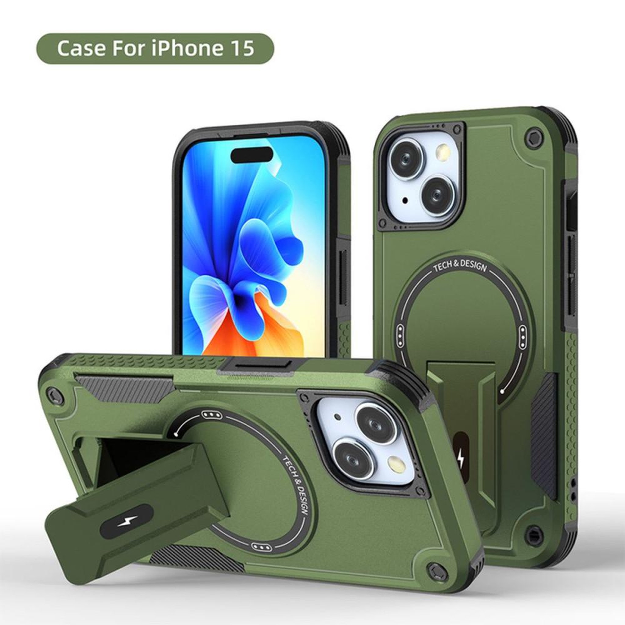 Coque antichoc 360° avec support kickstand MagSafe pour iPhone 15, verte