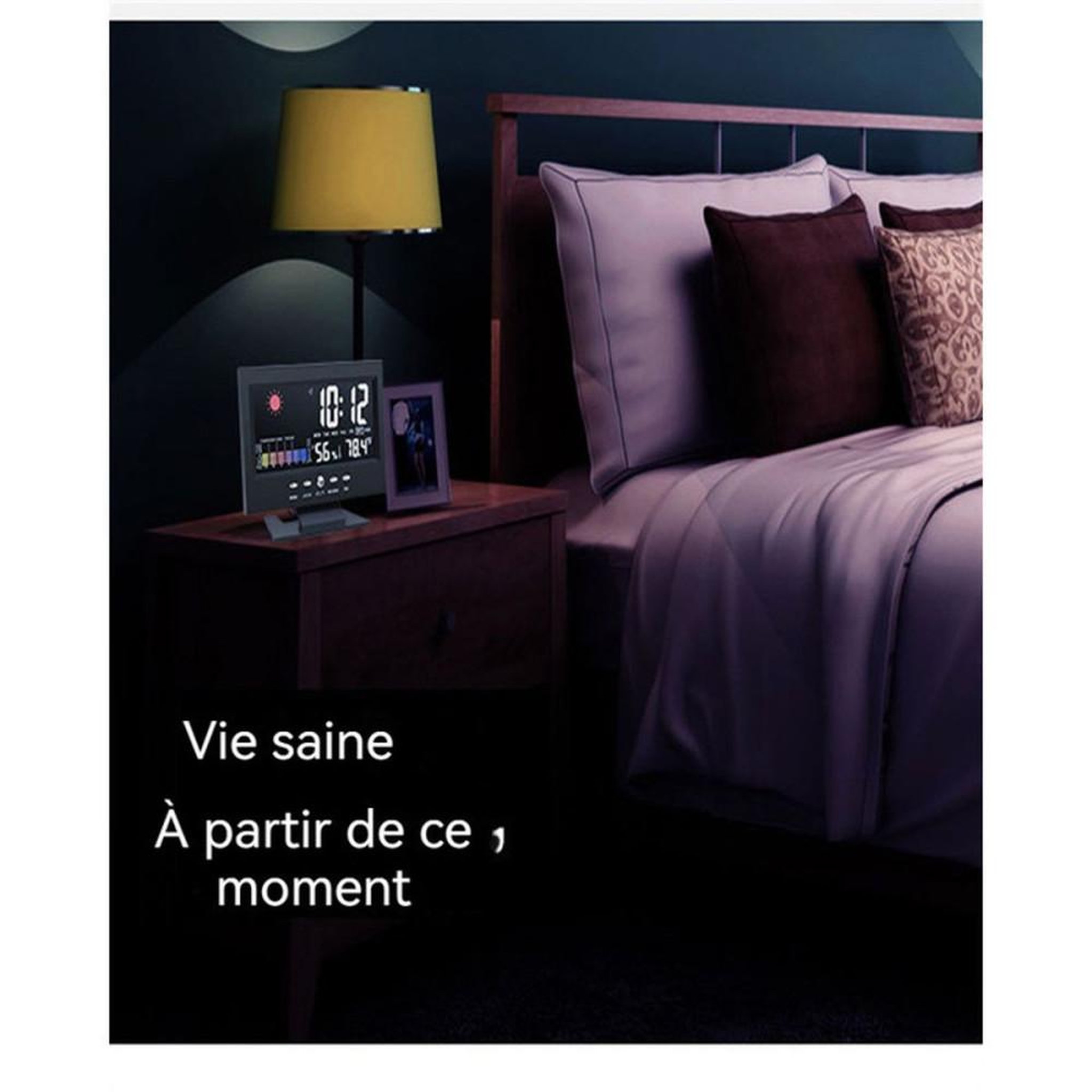 Voir la diapositive 5 : Réveil horloge numérique LCD rétroéclairé noir avec météo, température °C/°F et humidité, affichage heure, date et jour, graphique tendance et SNZ