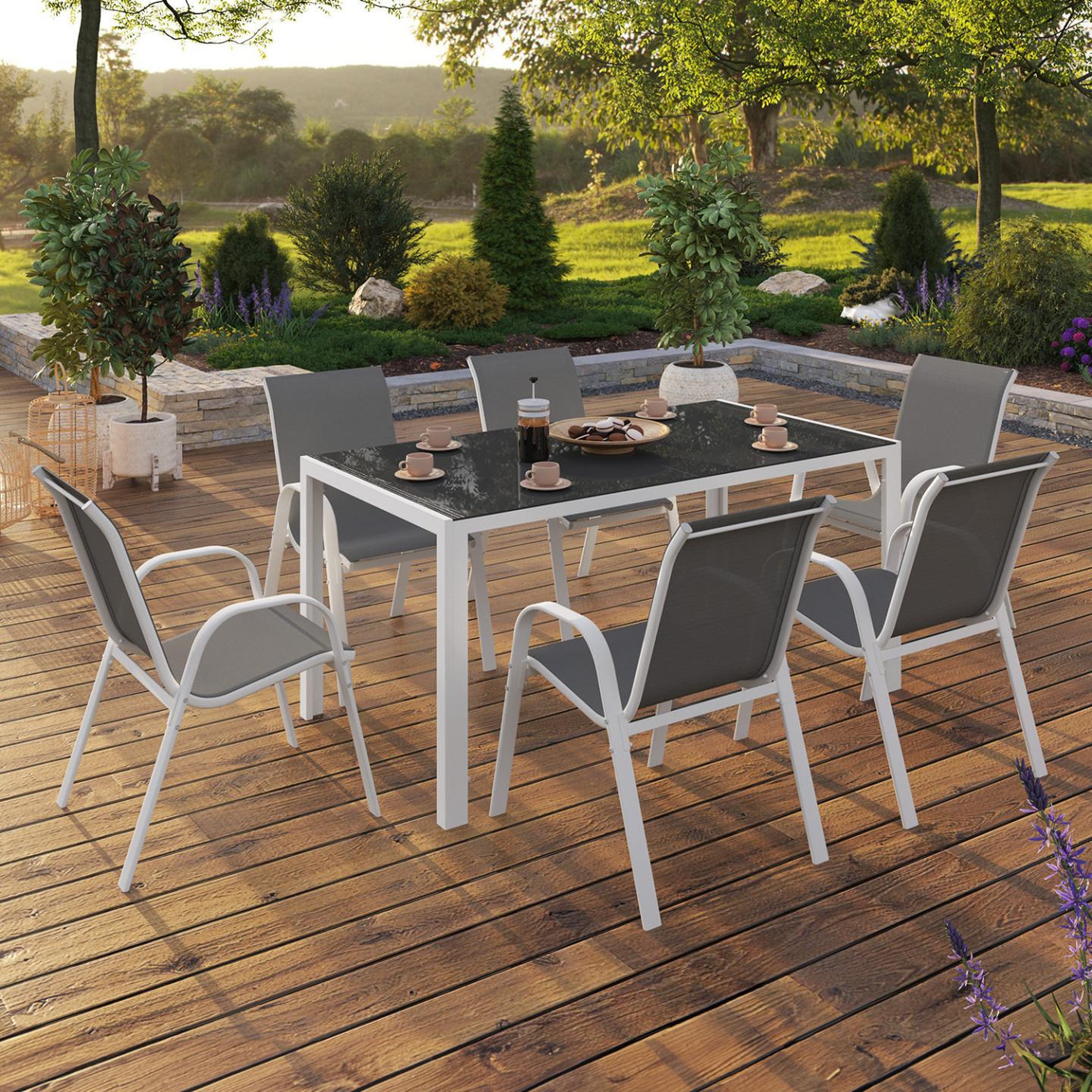 Voir la diapositive 2 : ID MARKET Salon de jardin madrid table 150 cm et 6 chaises empilables blanc et gris