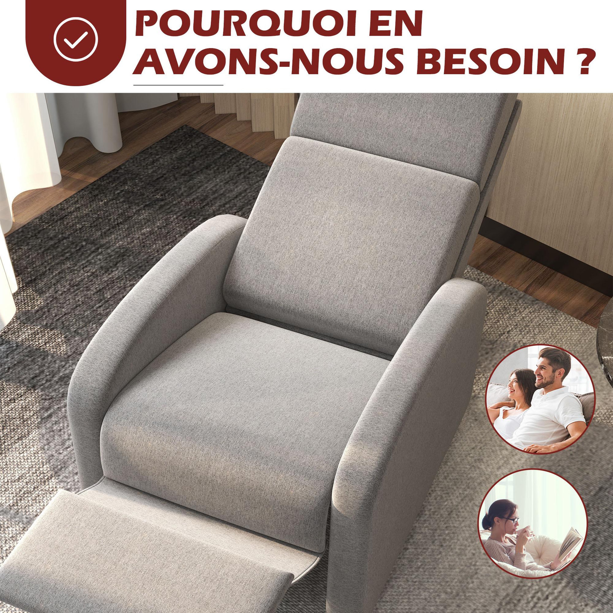 Voir la diapositive 6 : HOMCOM Fauteuil de relaxation inclinable réglable repose-pied tissu gris