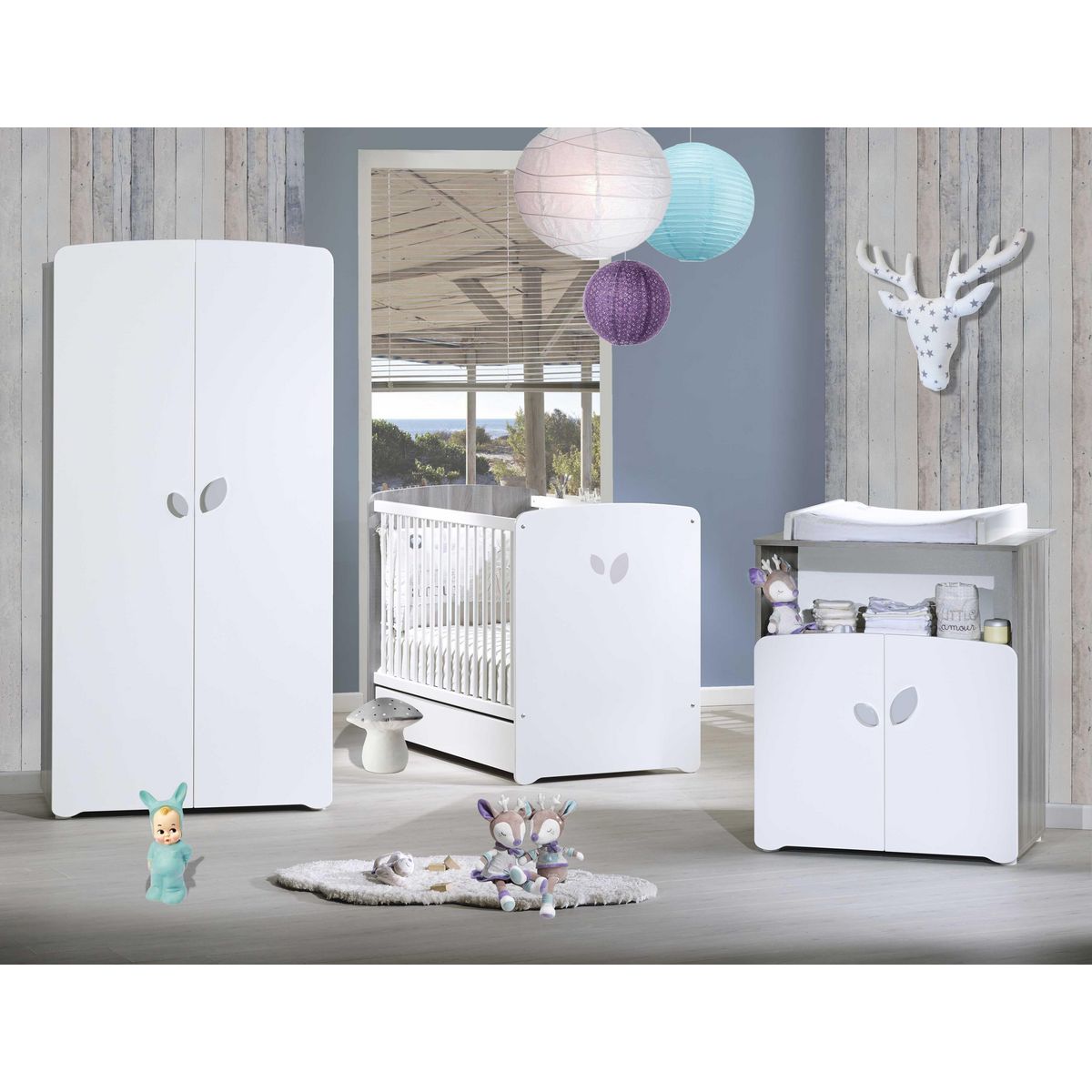 BABY PRICE Ensemble Lit bébé 60x120 cm + commode à langer + armoire NEW LEAF