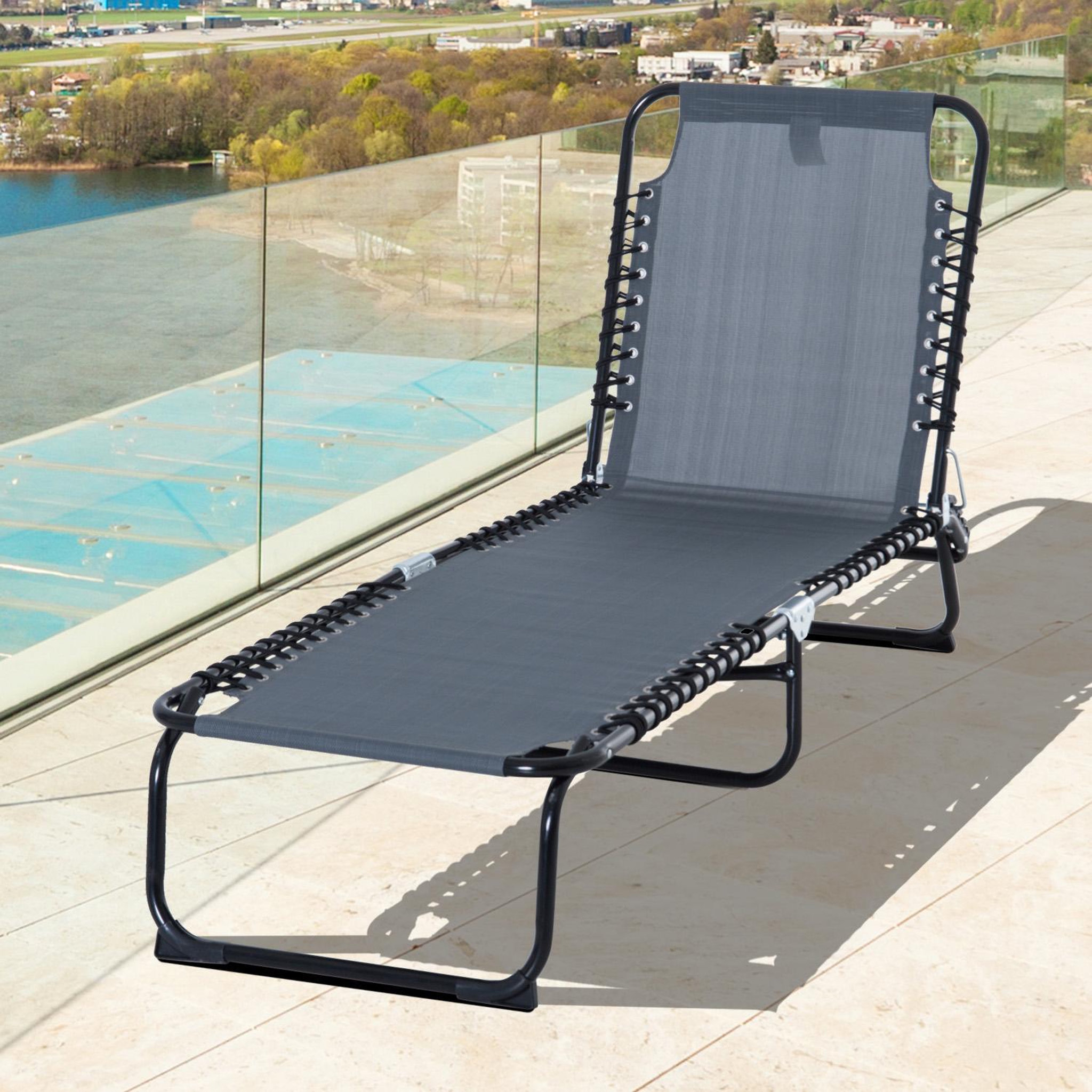 Voir la diapositive 4 : OUTSUNNY Bain de soleil transat pliable dossier inclinable multi-positions acier thermoplastique lacets élastiques noir textilène gris