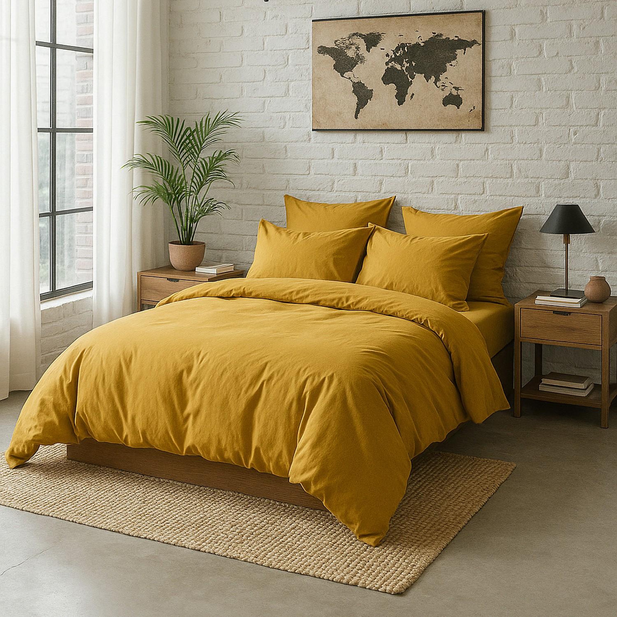 Voir la diapositive 3 : BATON ROUGE Drap housse 100% percale de coton lavé - jaune moutarde