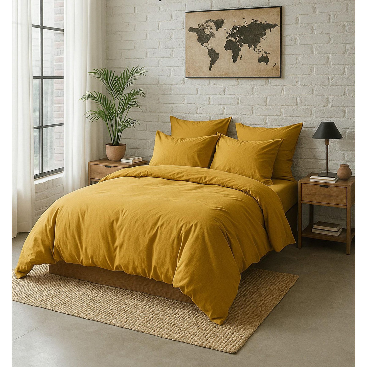 BATON ROUGE Drap housse 100% percale de coton lavé - jaune moutarde