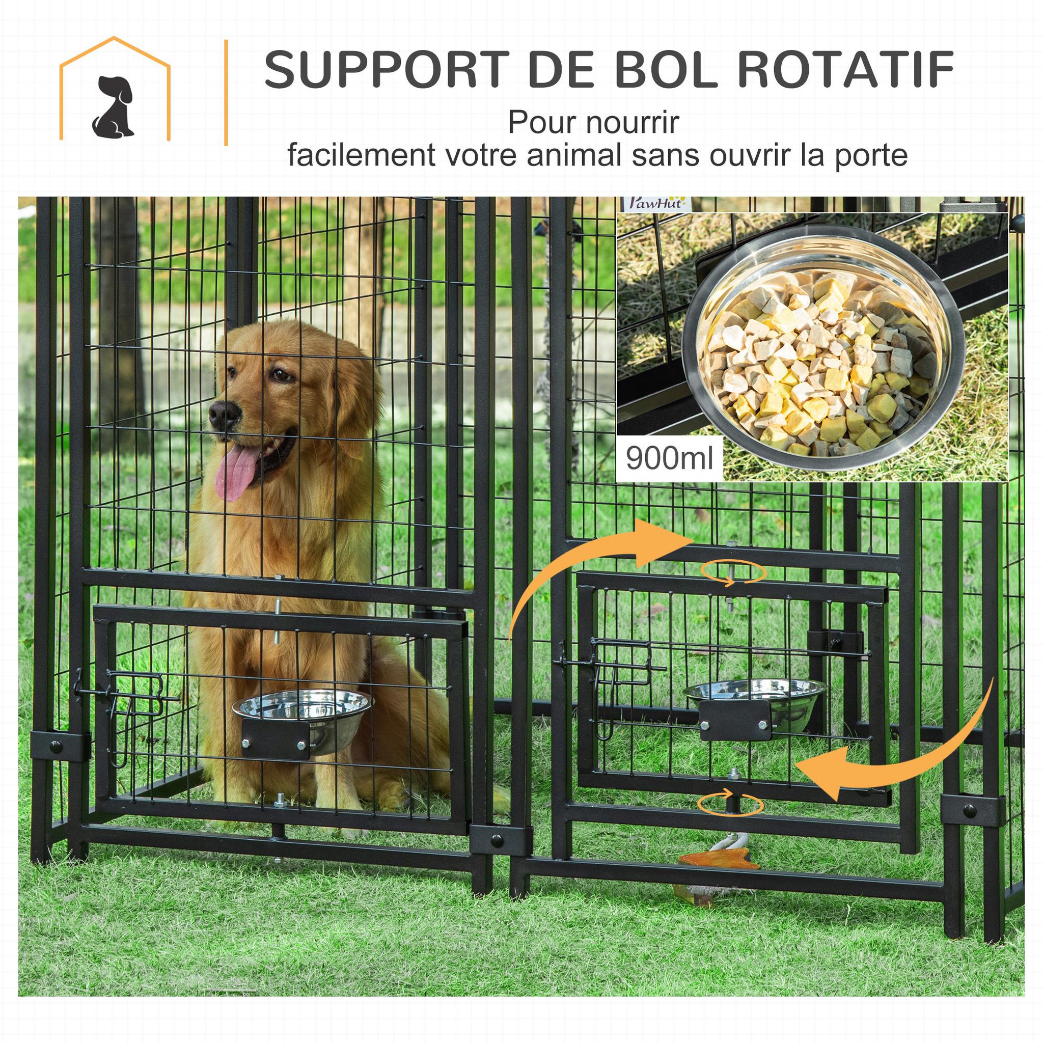 Voir la diapositive 5 : PAWHUT Chenil extérieur pour chien - cage chien - enclos chien - toile toit imperméable anti-uv, porte verrouillable, 2 bols rotatifs - acier noir oxford pourpre
