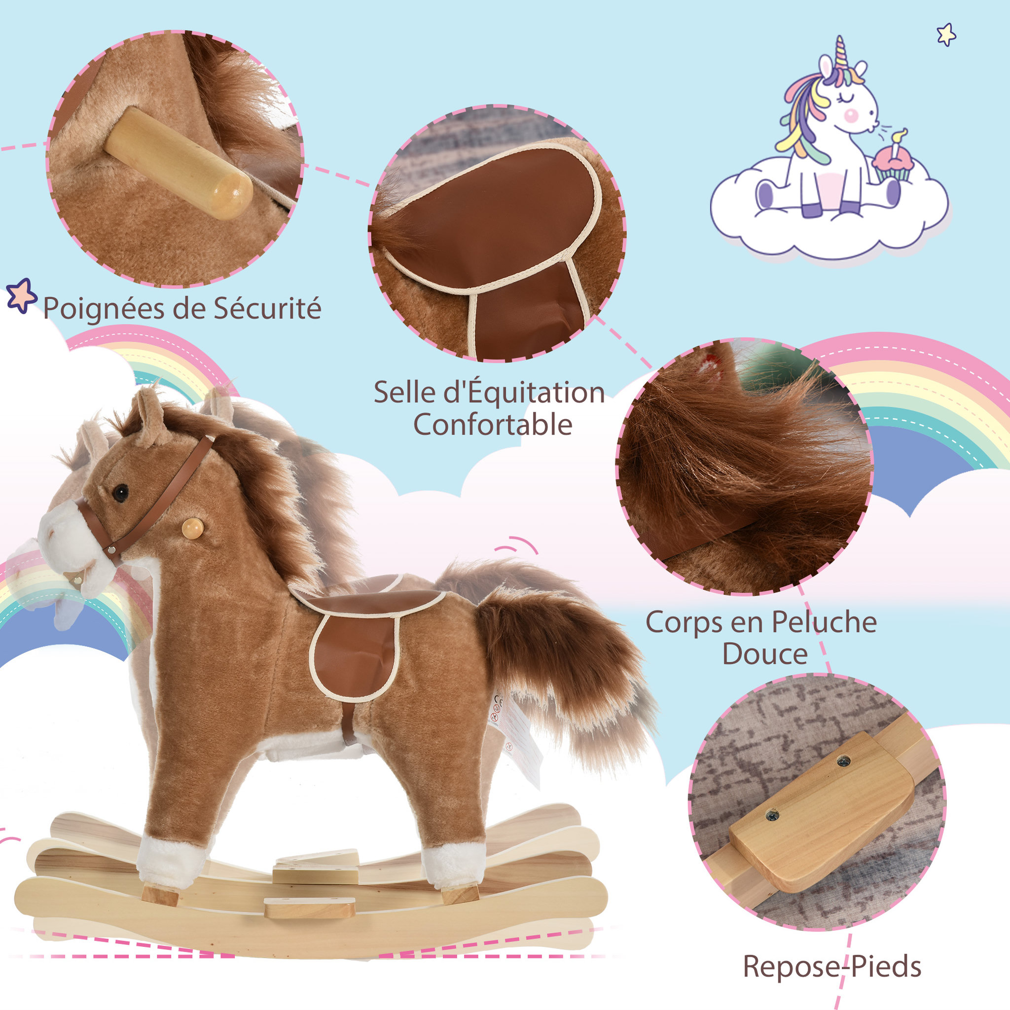 Voir la diapositive 5 : HOMCOM Cheval à bascule selle grand confort peluche courte douce bois peuplier brun dim. 65L x 32,5l x 61H cm