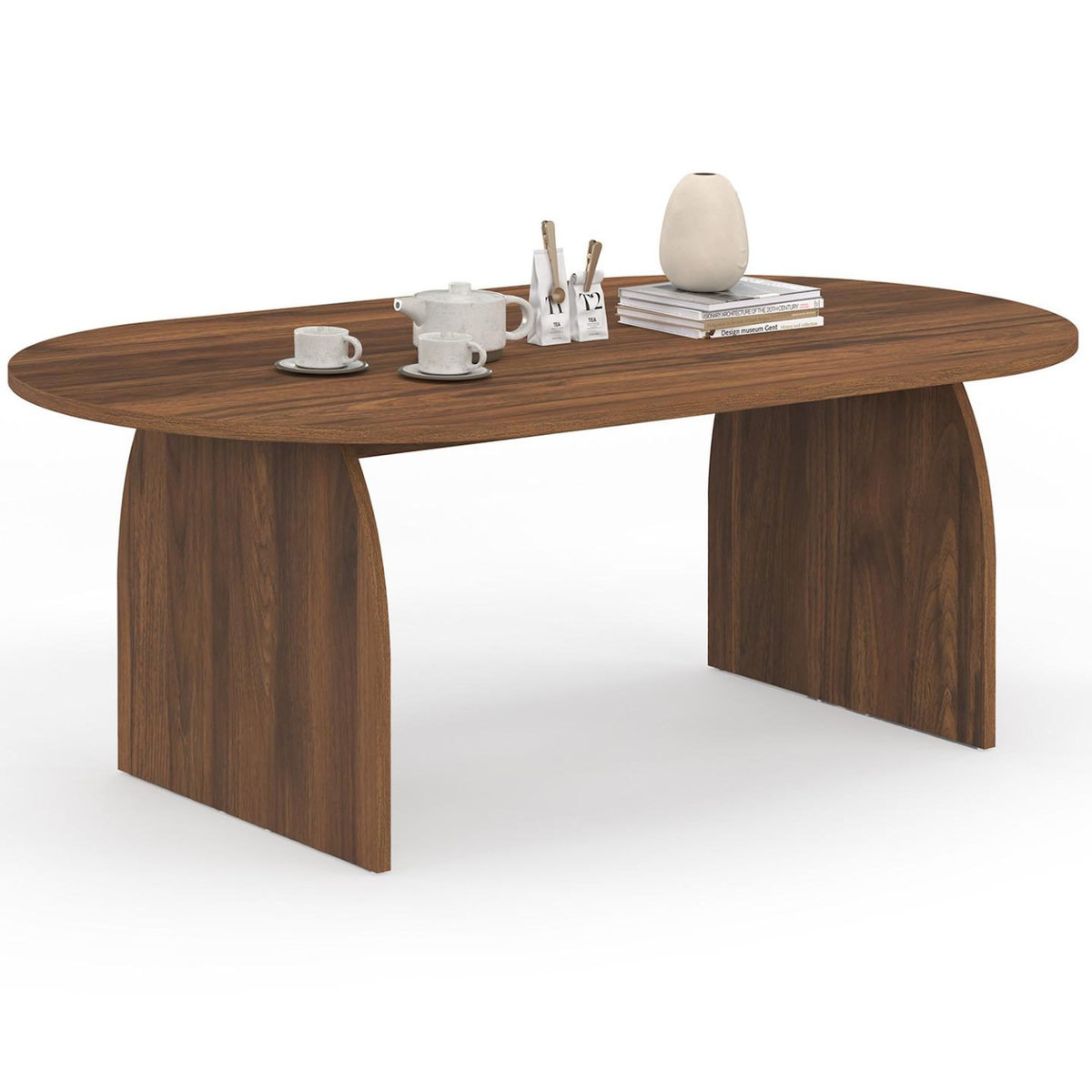 ID MARKET Table basse japandi ovale EDITH 110 cm bois effet noyer