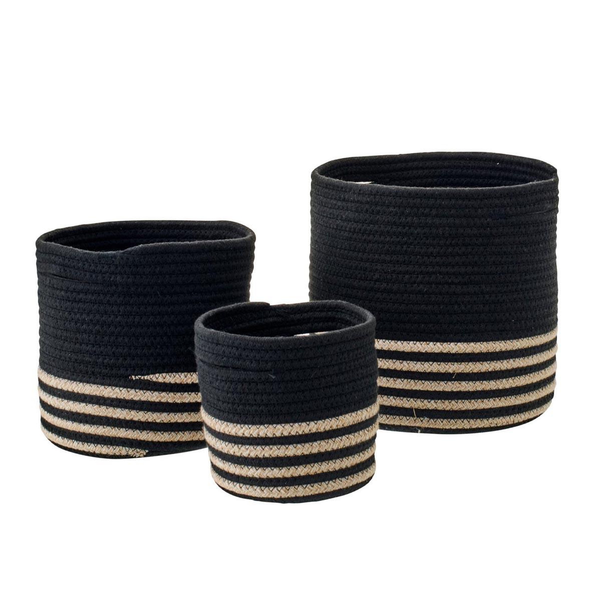 J-LINE Lot de 3 paniers de rangement  ligné  25cm noir