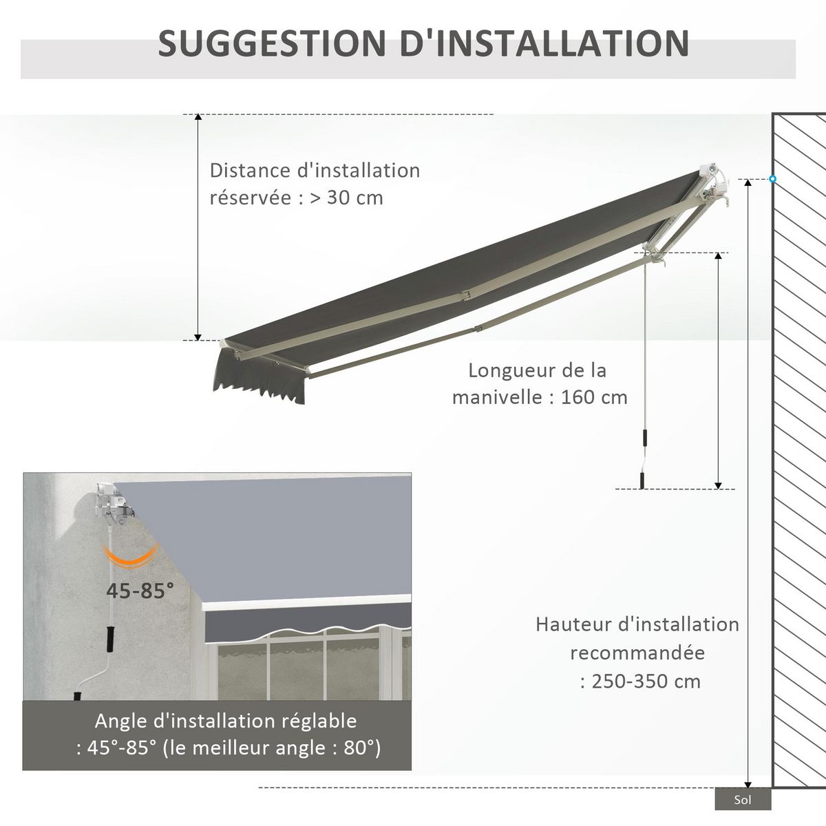 OUTSUNNY Store banne manuel rétractable dim. 2,5L x 2l (avancée) m  alu. polyester imperméabilisé haute densité gris