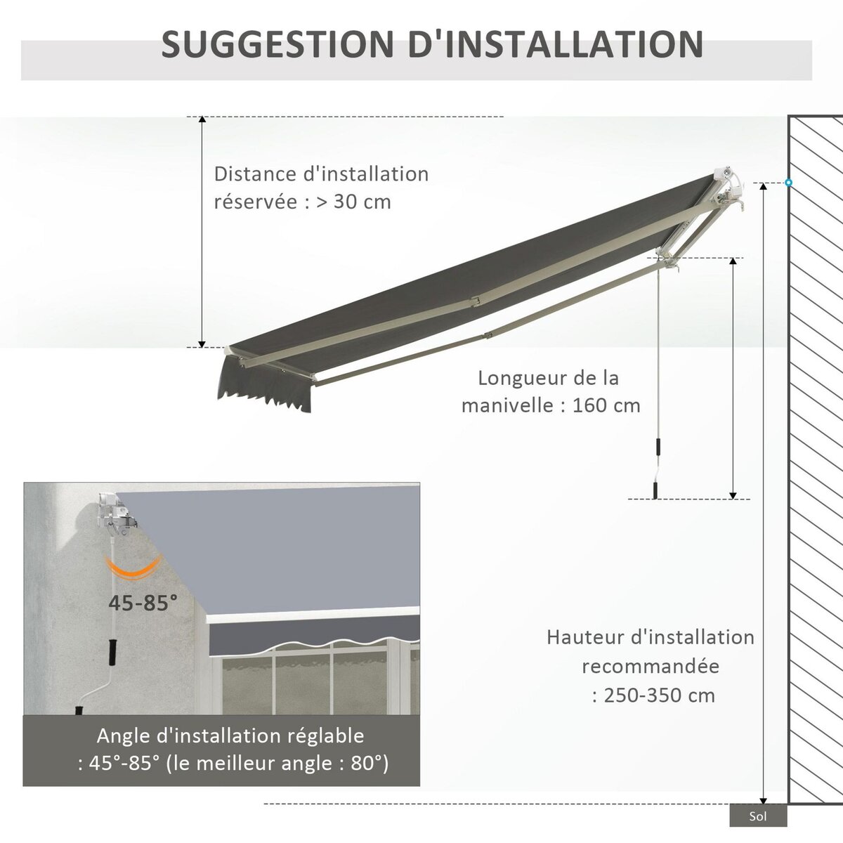 OUTSUNNY Store banne manuel rétractable dim. 2,5L x 2l (avancée) m  alu. polyester imperméabilisé haute densité gris