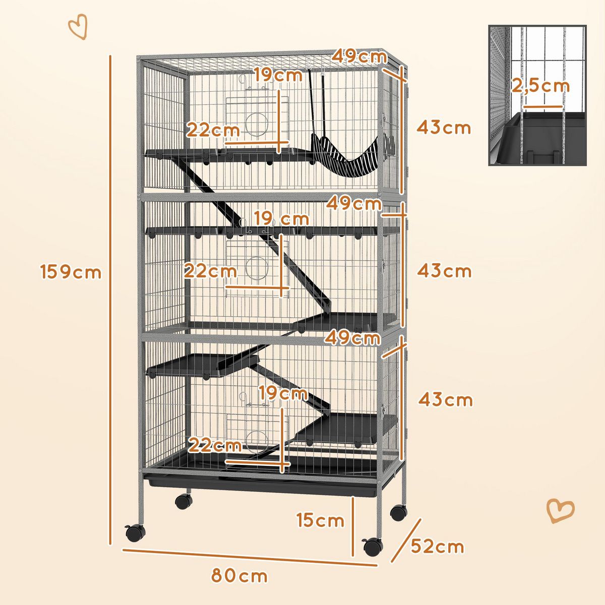 PAWHUT Cage rongeurs 4 plateformes 3 rampes 4 portes dim. 80L x 52l x 159H cm acier gris moucheté noir