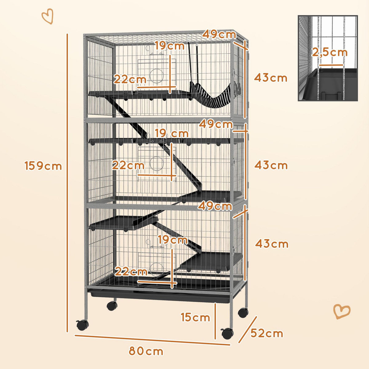 PAWHUT Cage rongeurs 4 plateformes 3 rampes 4 portes dim. 80L x 52l x 159H cm acier gris moucheté noir