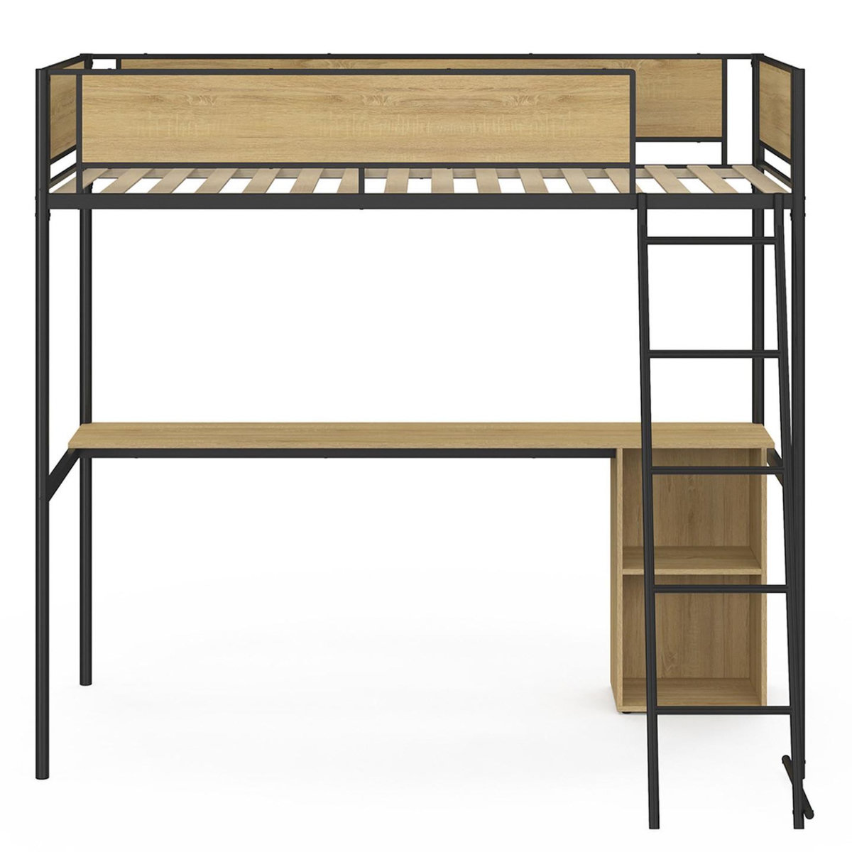 ID MARKET Lit mezzanine simple DETROIT avec bureau et rangements 90 x 190 cm design industriel