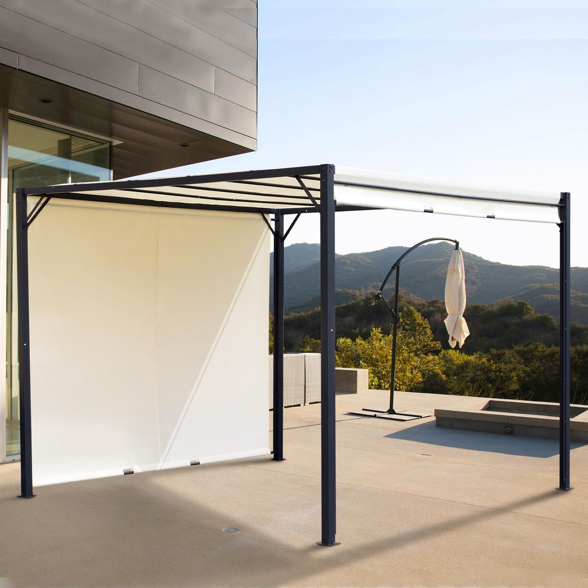 OUTSUNNY Pergola rétractable dim. 3L x 3l x 2,3H m structure acier époxy anticorrosion noir toile polyester haute densité crème