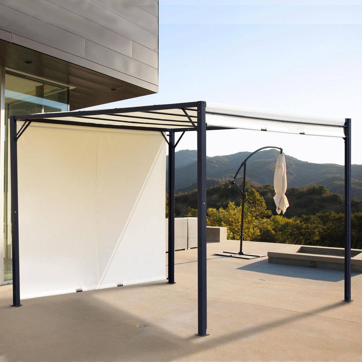 OUTSUNNY Pergola rétractable dim. 3L x 3l x 2,3H m structure acier époxy anticorrosion noir toile polyester haute densité crème