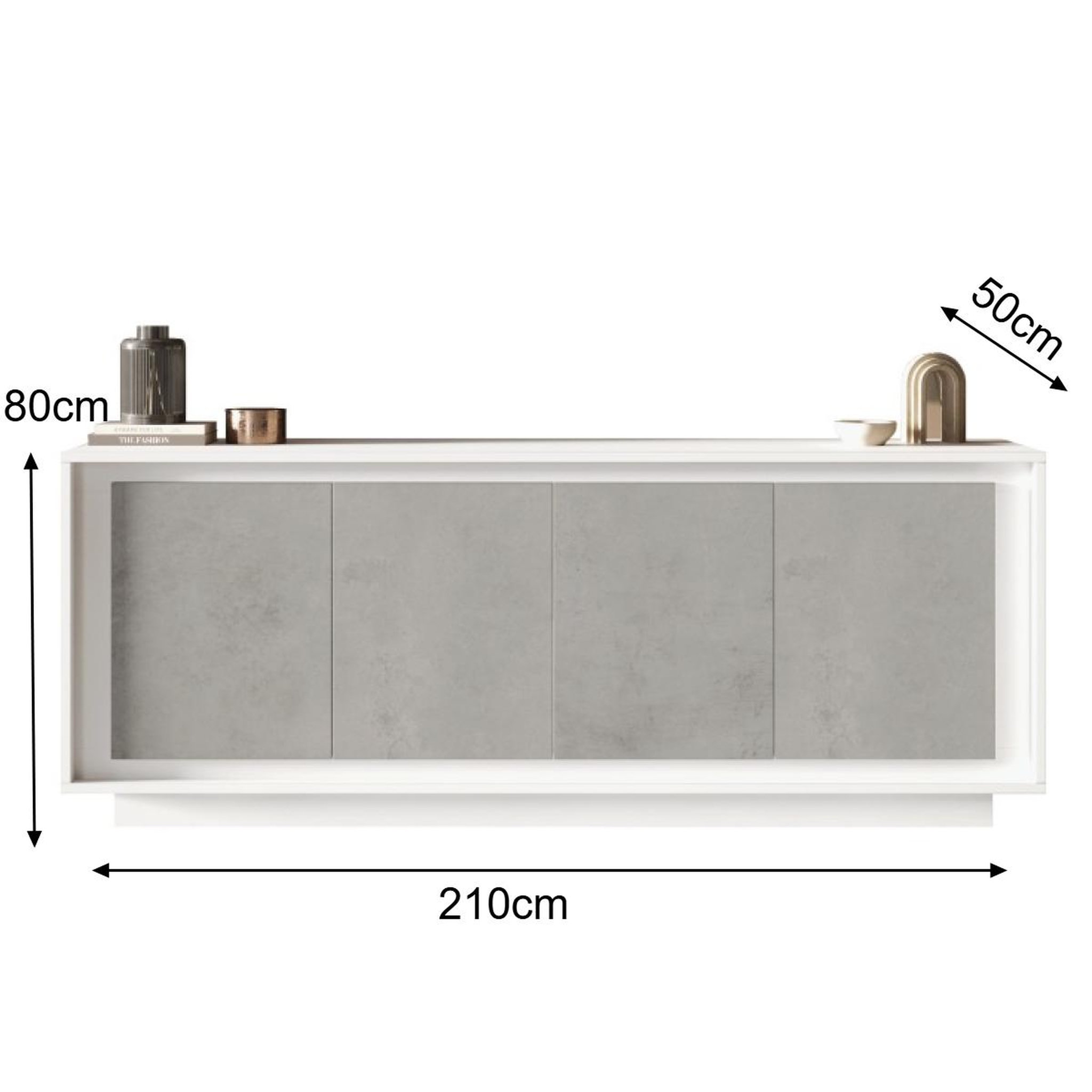 Voir la diapositive 5 : JLC KREATION Buffet bas moderne 4 portes blanc et gris béton yori