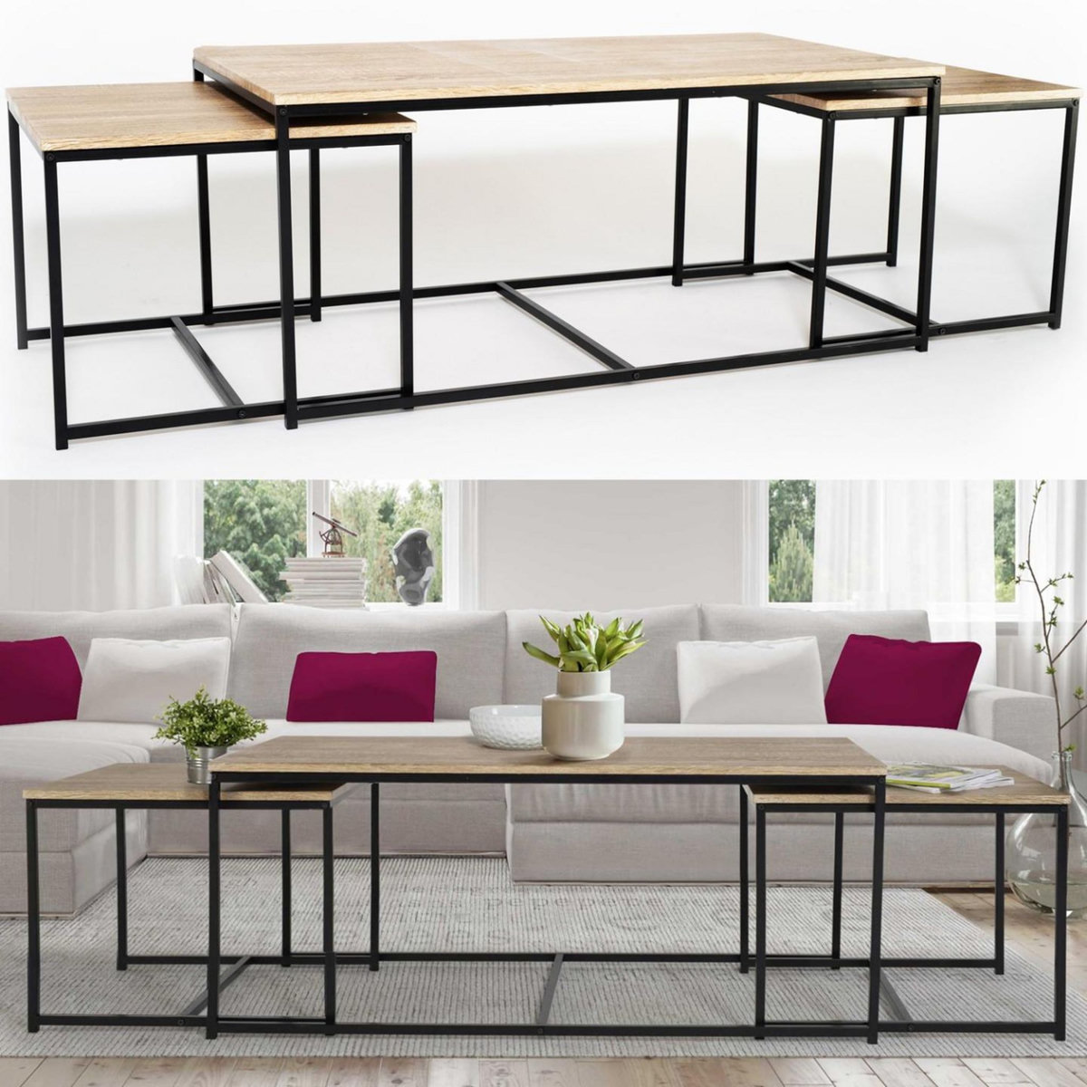 ID MARKET Lot de 3 tables basses gigognes DETROIT 113 cm design industriel