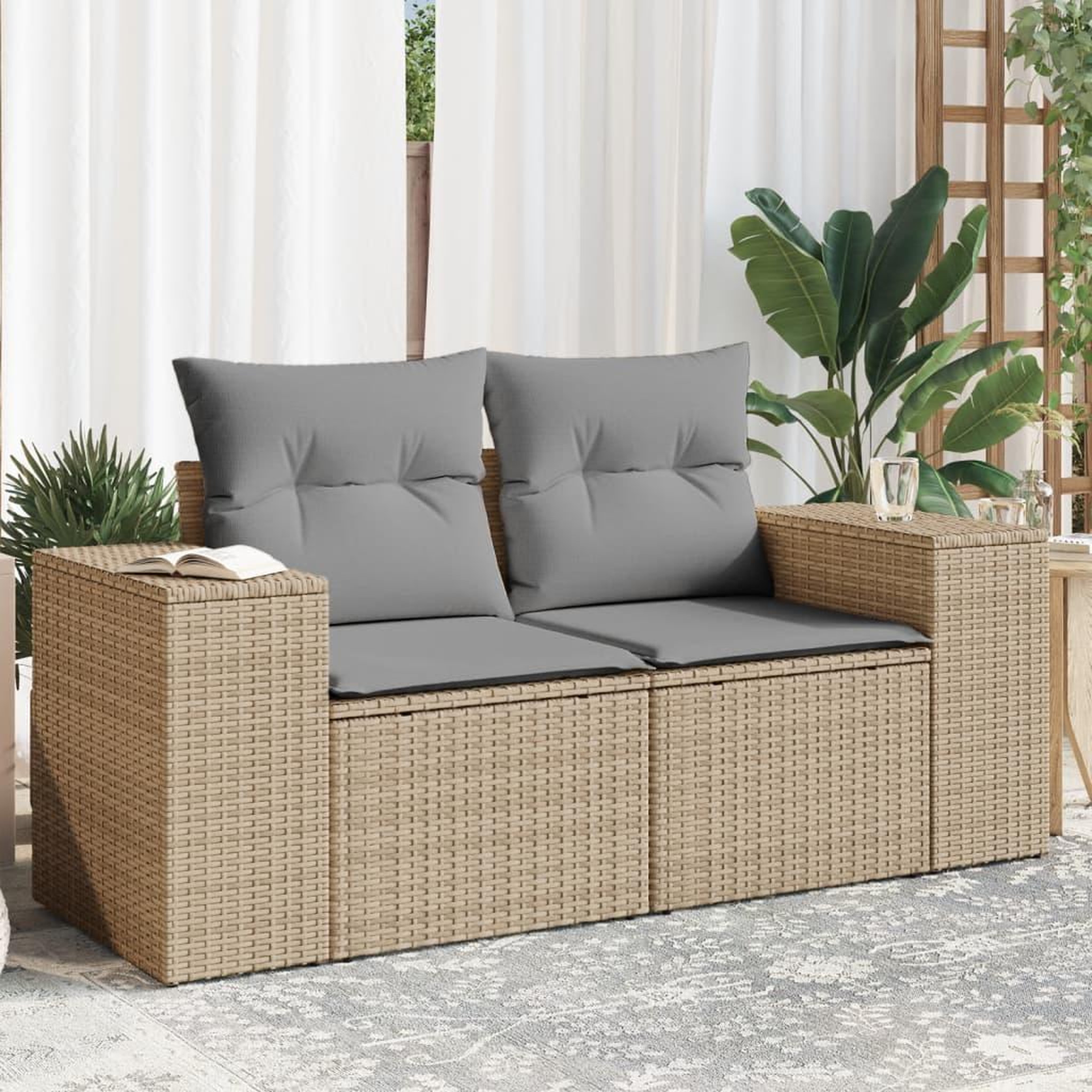 VIDAXL Canape de jardin avec coussins 2 places beige resine tressee