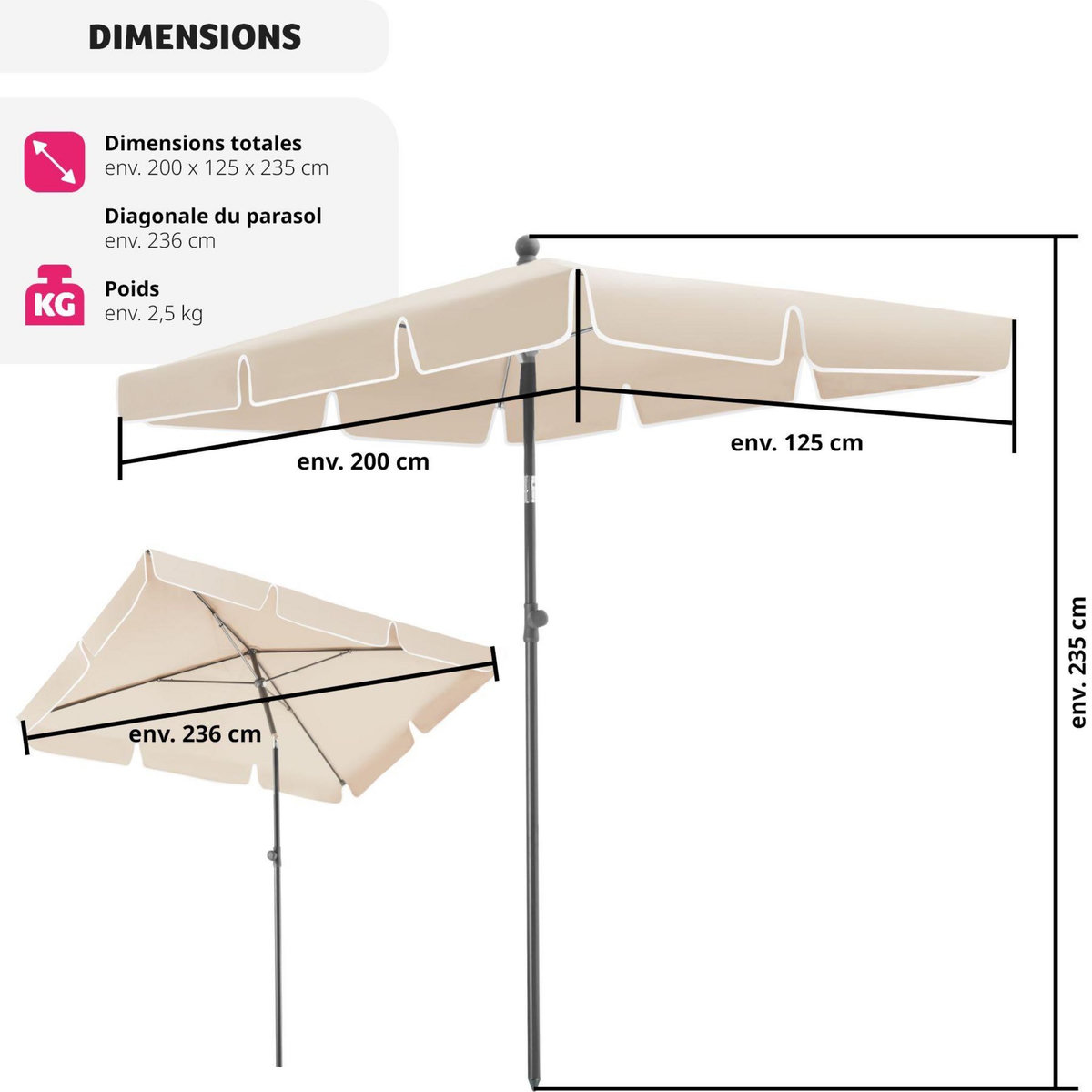 tectake Parasol VANESSA 200 x 125 cm réglable en hauteur et inclinable