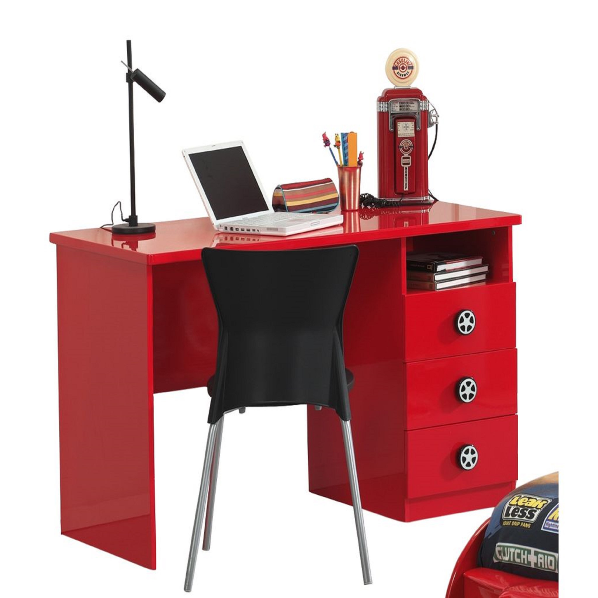 Voir la diapositive 1 : Bureau enfant rouge 3 tiroirs, 1 niche esprit racing SPEED