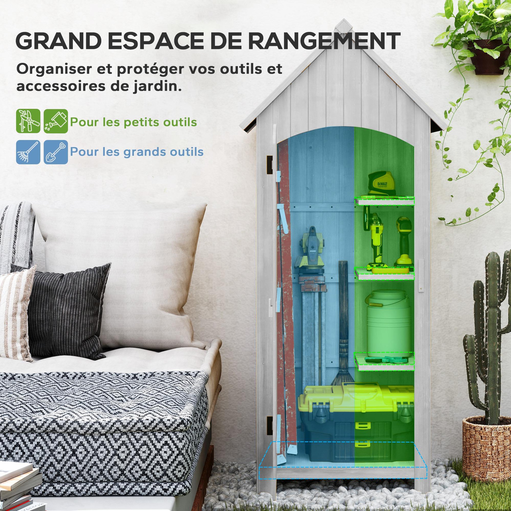 Voir la diapositive 5 : OUTSUNNY Armoire abri de jardin remise pour outils 3 étagères porte loquet toit pente bitumé dim. 77L x 54l x 179H cm bois sapin pré-huilé gris