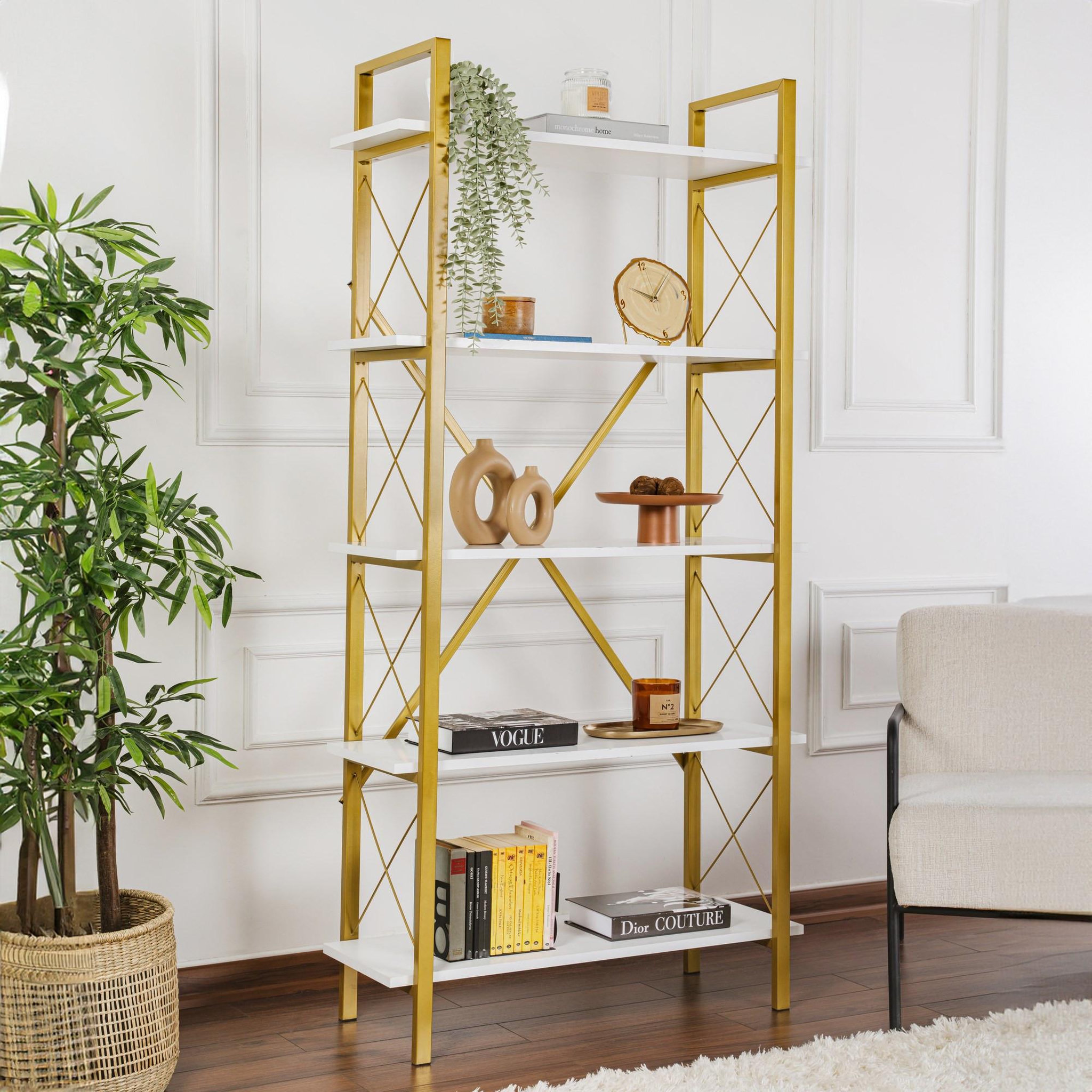 Voir la diapositive 2 : Habitat et Jardin Bibliothèque en bois  elysian  - 90 x 33 x 180 cm - or blanc