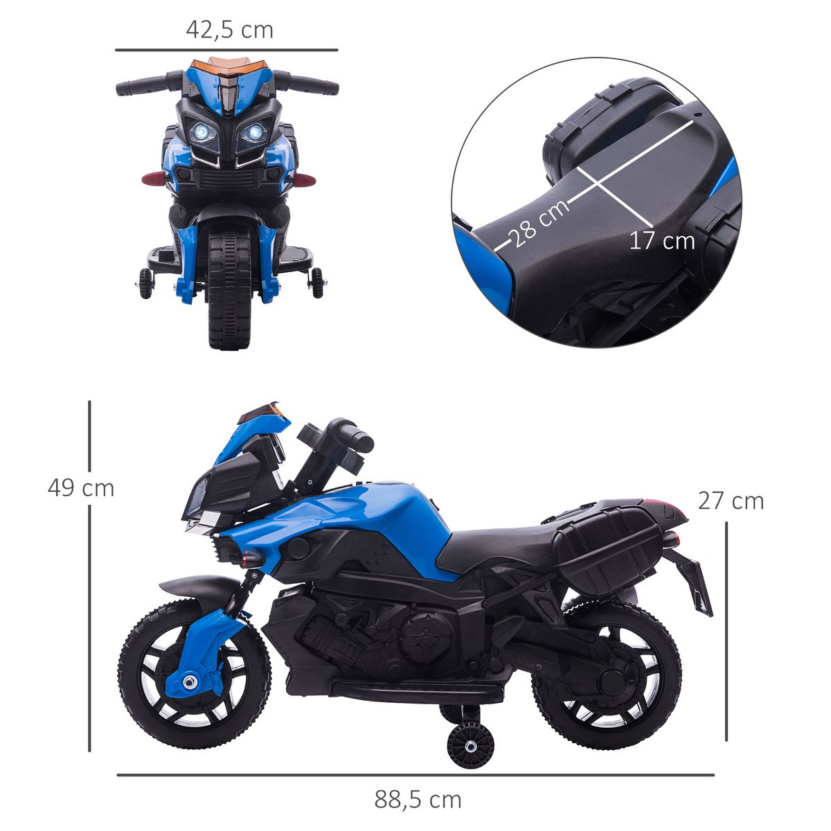 HOMCOM Moto électrique enfant 6 V 3 Km/h effet lumineux et sonore roulettes amovibles repose-pied valises latérales métal PP bleu noir