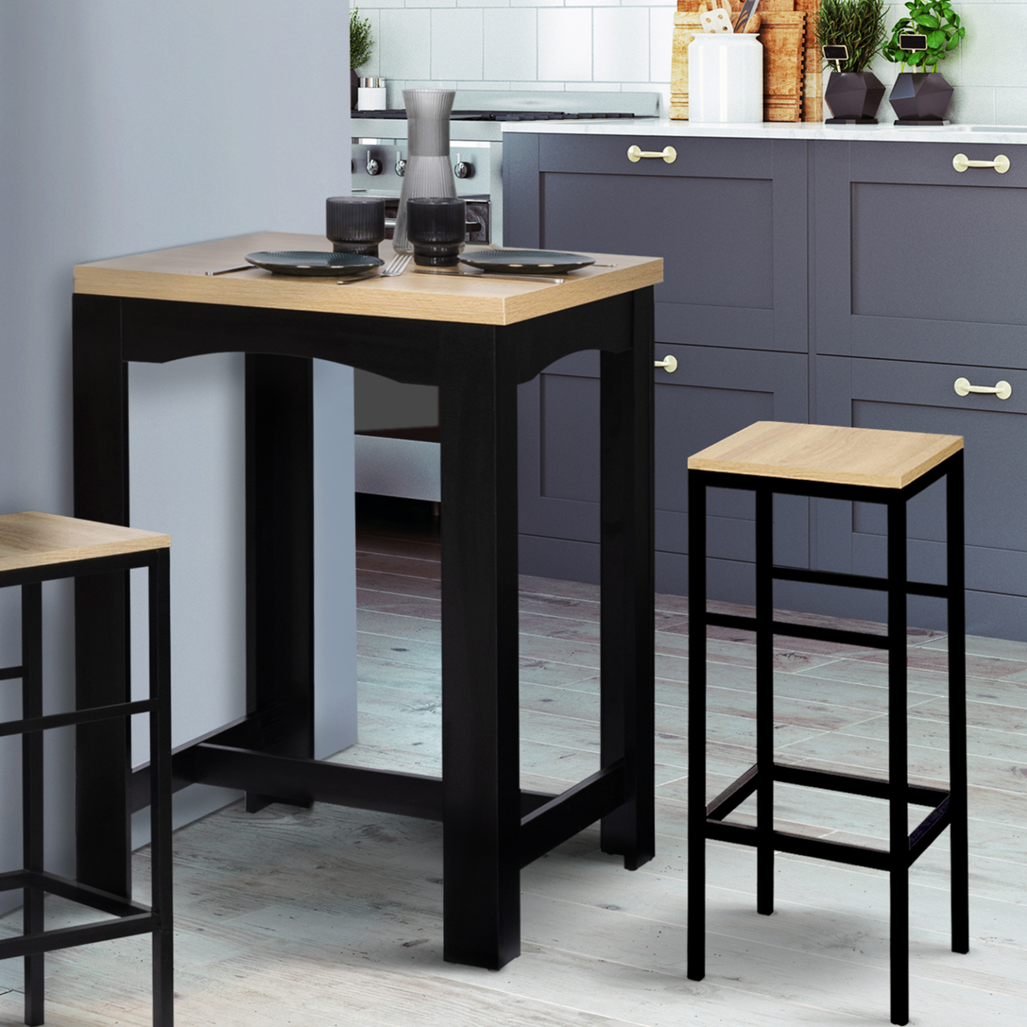 Voir la diapositive 3 : ID MARKET Table haute de bar extensible dona 2 à 4 personnes noire plateau façon hêtre 60-120 cm
