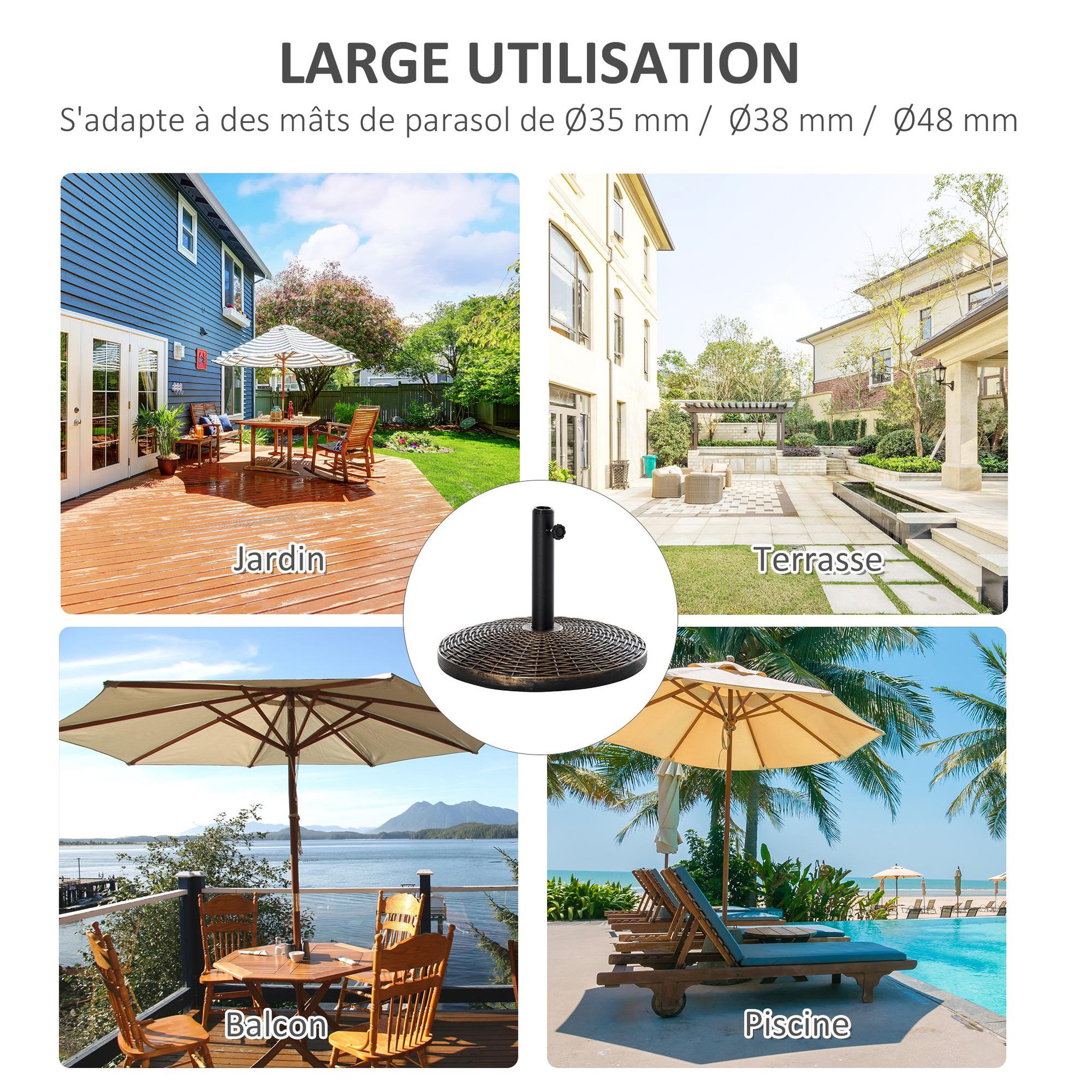 Voir la diapositive 6 : OUTSUNNY Pied de parasol rond base de lestage Ø 53 x 35,5 cm résine imitation rotin poids net 25 Kg noir bronze