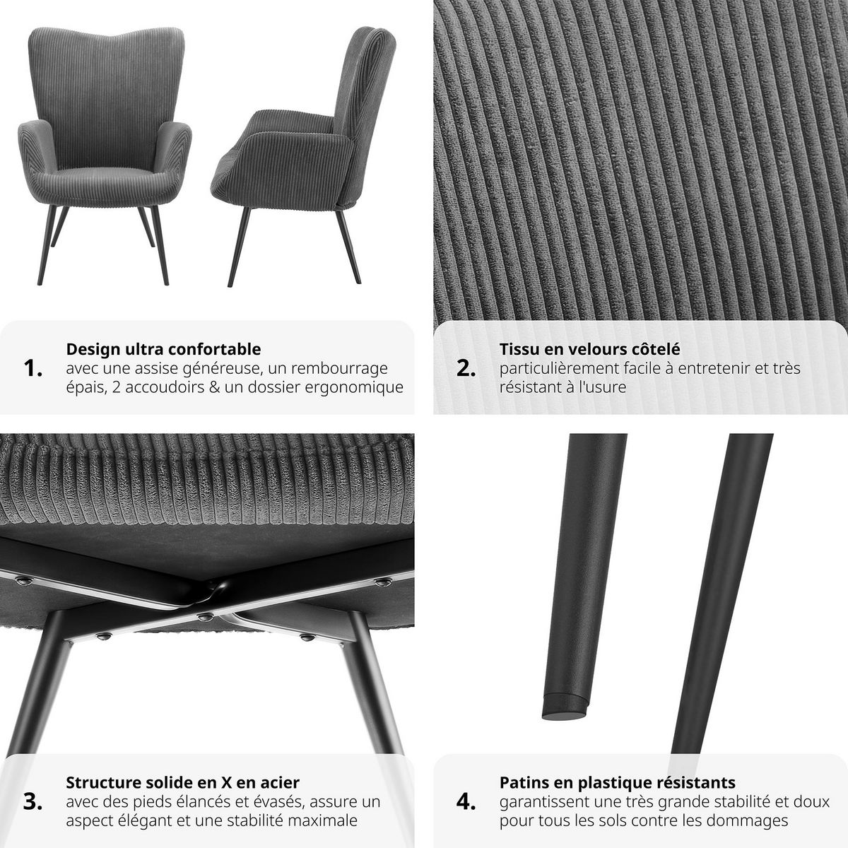 tectake Fauteuil rembourré Velours côtelé large anthracite/noir