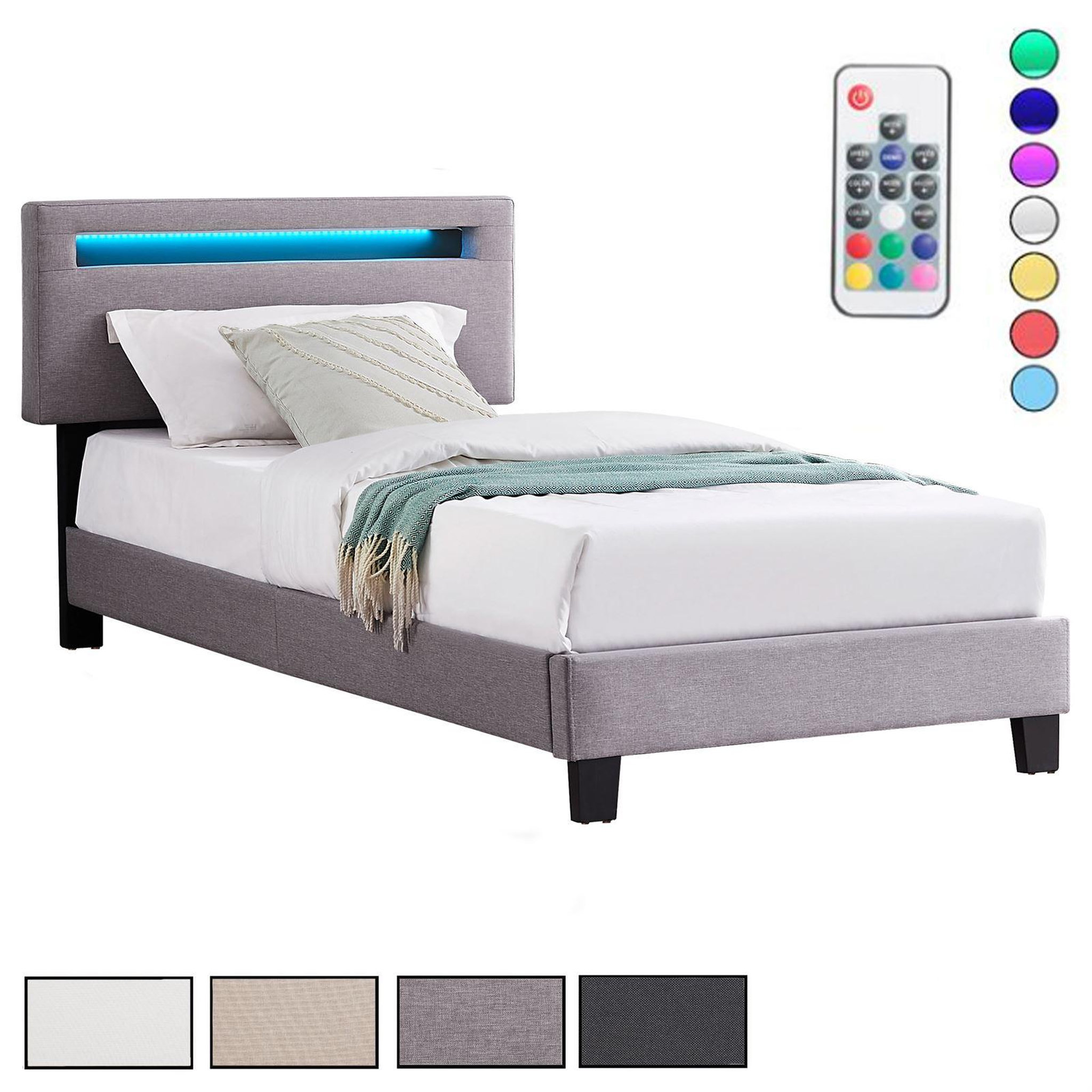 IDIMEX Lit LED simple AUSTIN 90x190 cm, avec sommier, revêtement en tissu. Coloris disponibles : Blanc, Gris, Noir