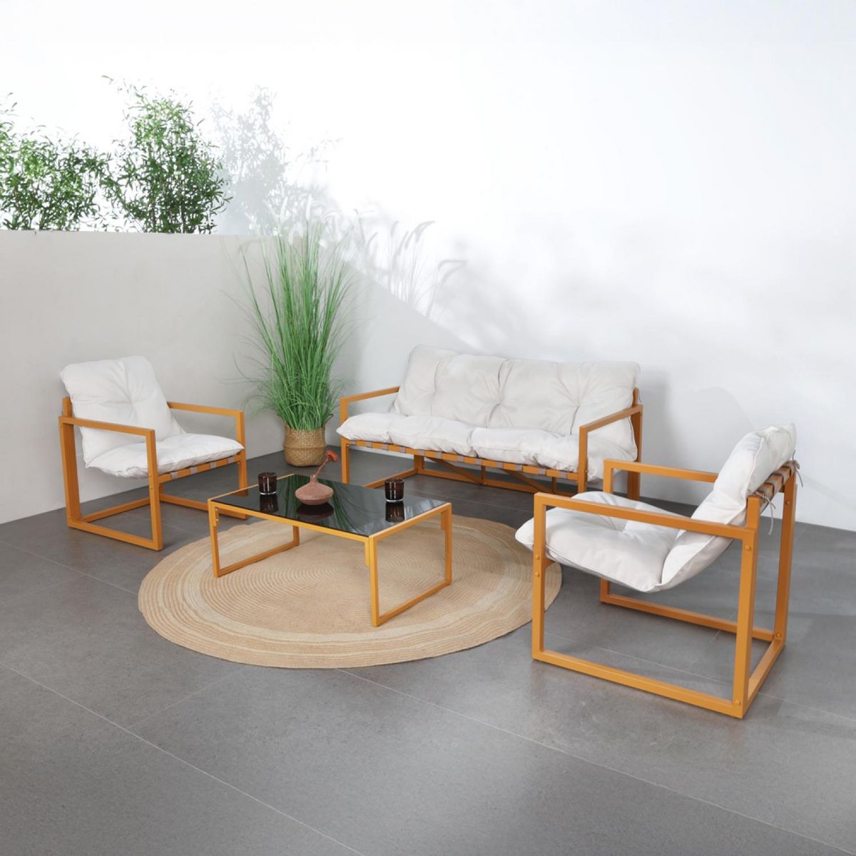 CONCEPT USINE Salon de jardin 5 places contemporain marron et coussins beiges RABAT