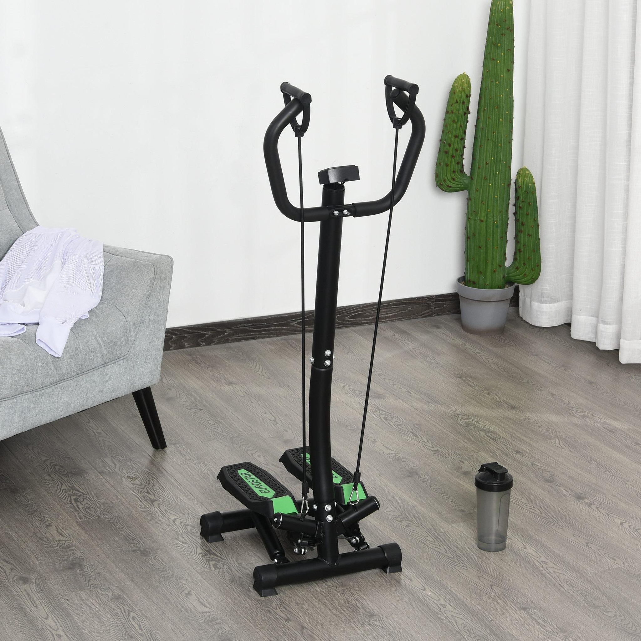 Voir la diapositive 2 : HOMCOM Mini stepper avec guidon, extenseurs, écran lcd multifonction et tapis antidérapant noir et vert